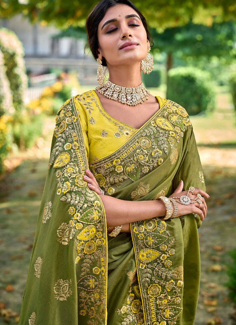 Green Classic Sari With Embroidered, Hand, Sequins And Stone Work