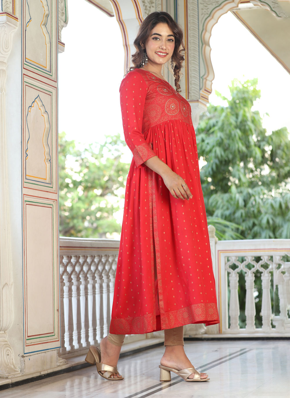 Red Viscose Embroidered And Print Work Designer Kurti For Ceremonial