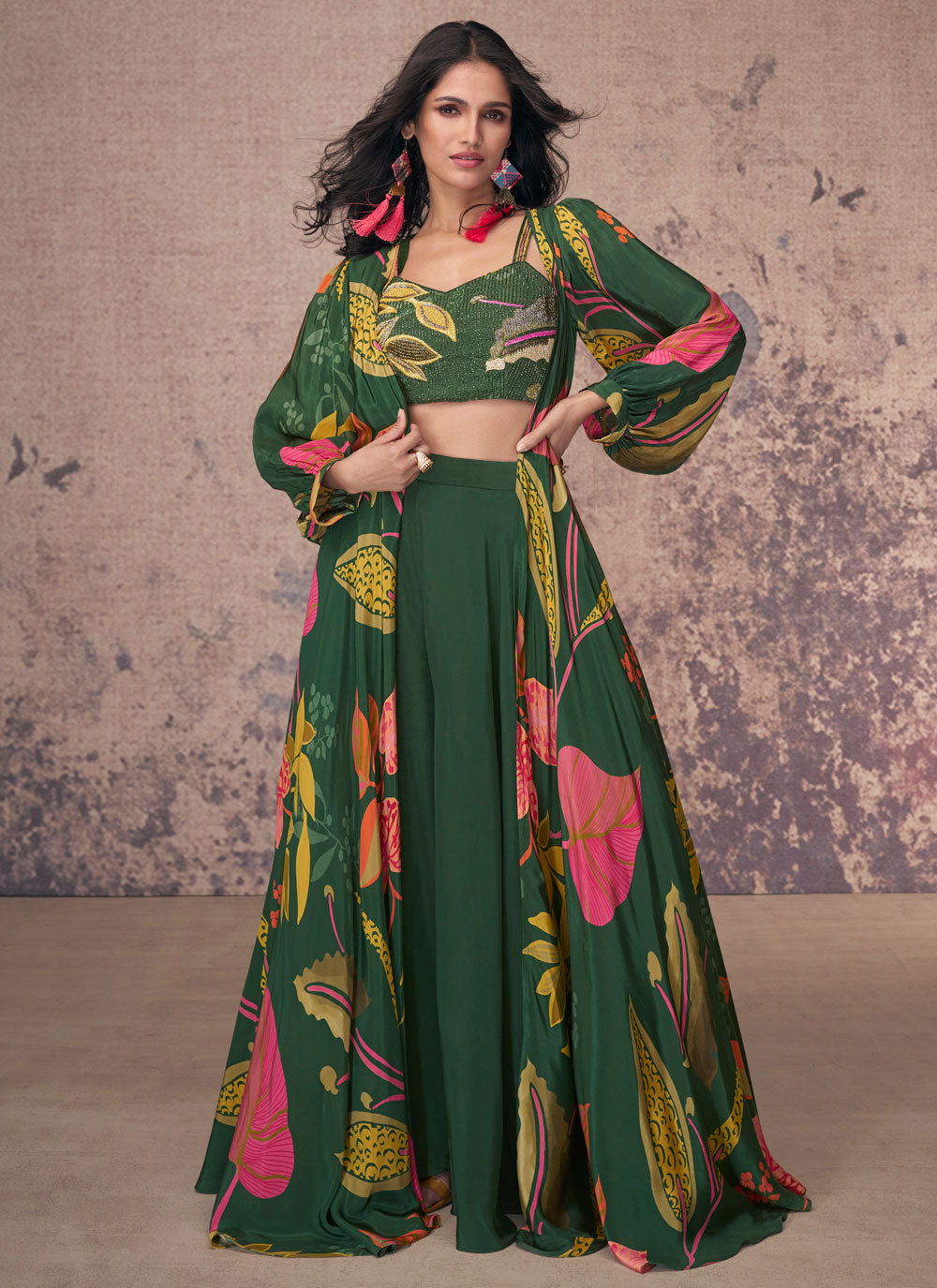 Green Crepe Silk Embroidered And Print Work Palazzo Salwar Suit