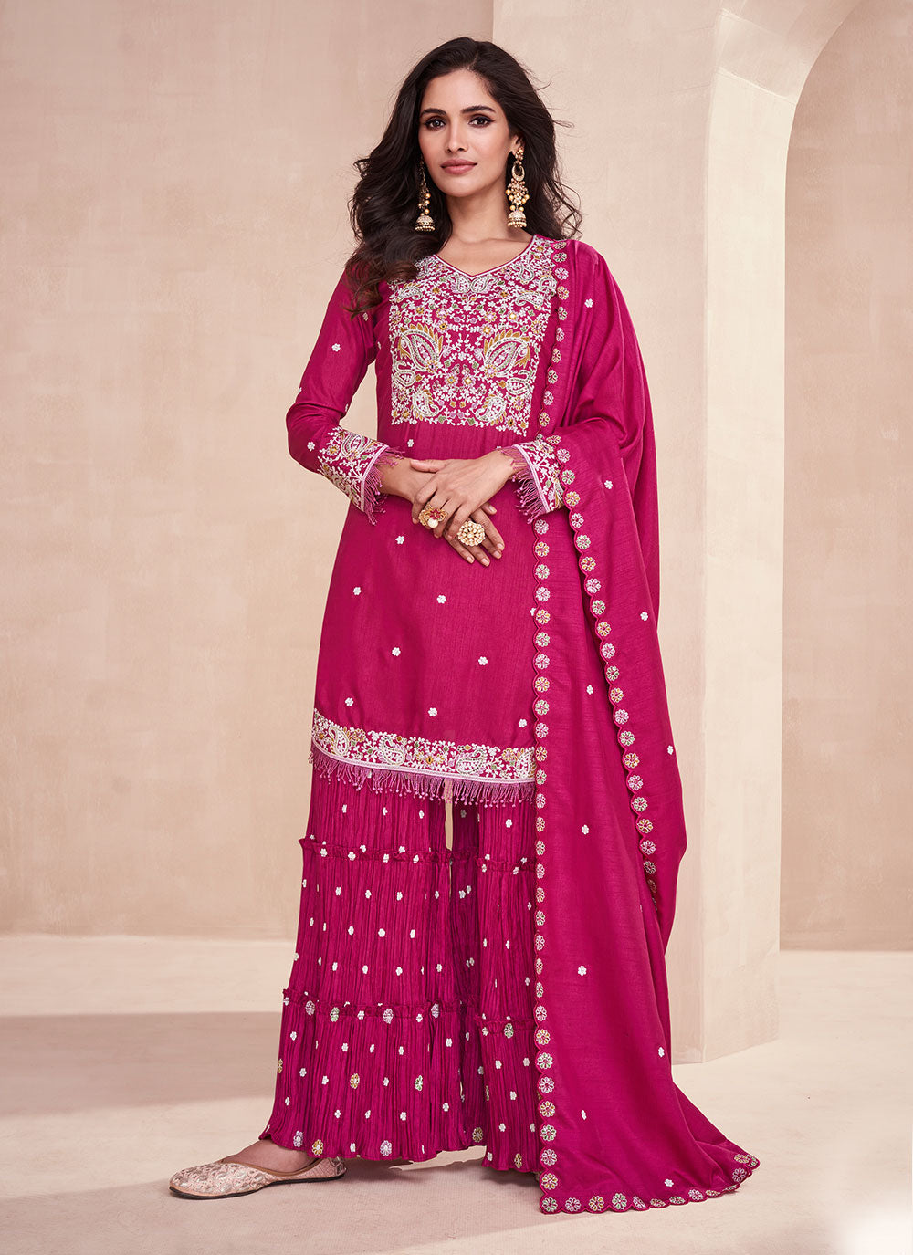 Silk Readymade Salwar Suit In Pink