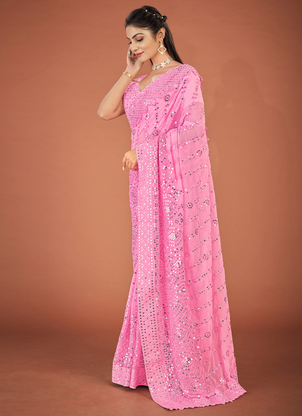 Pink Lucknowi work Georgette Saree