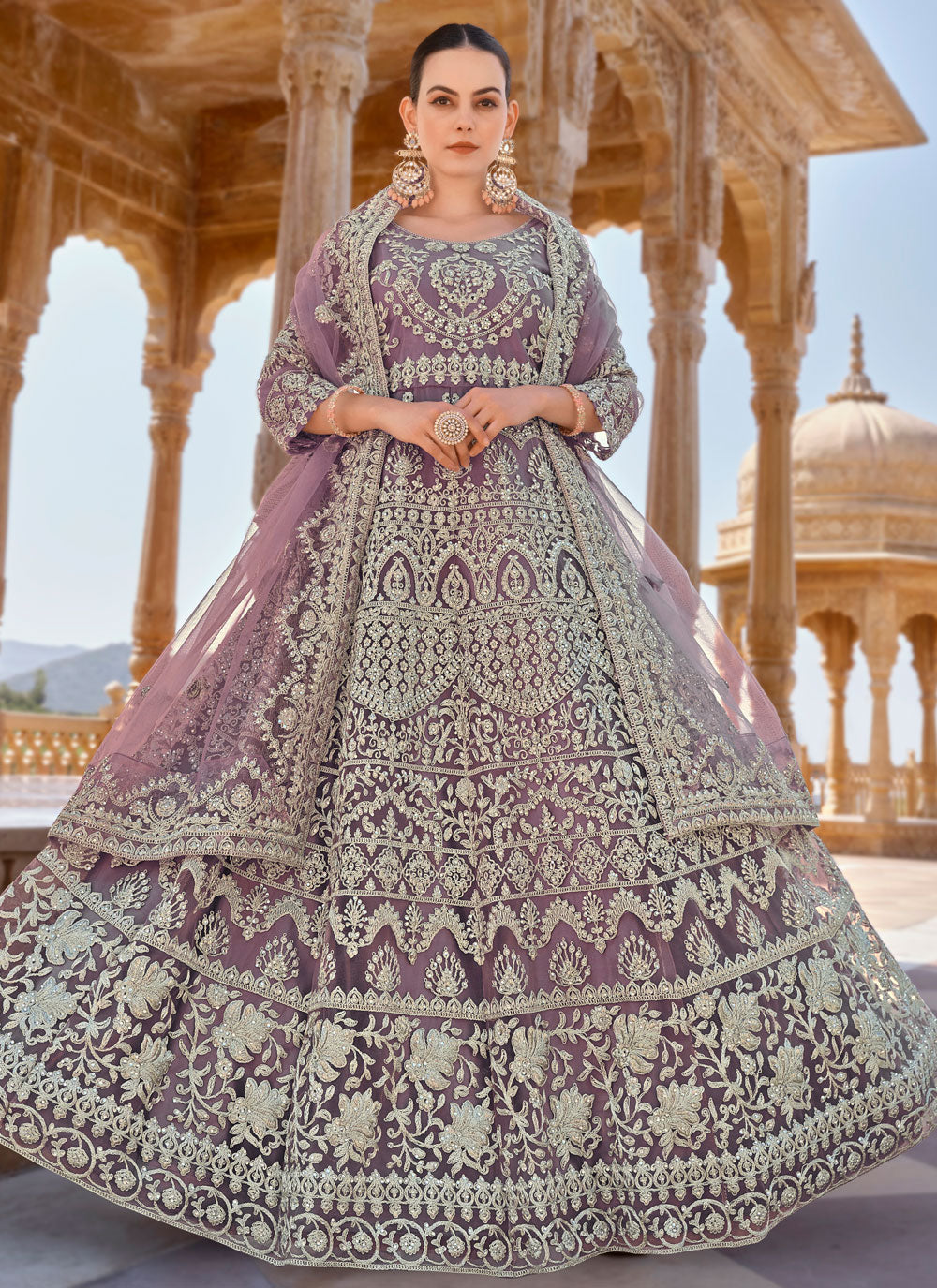 Purple Net Salwar Suit With Cord, Embroidered And Stone Work For Women