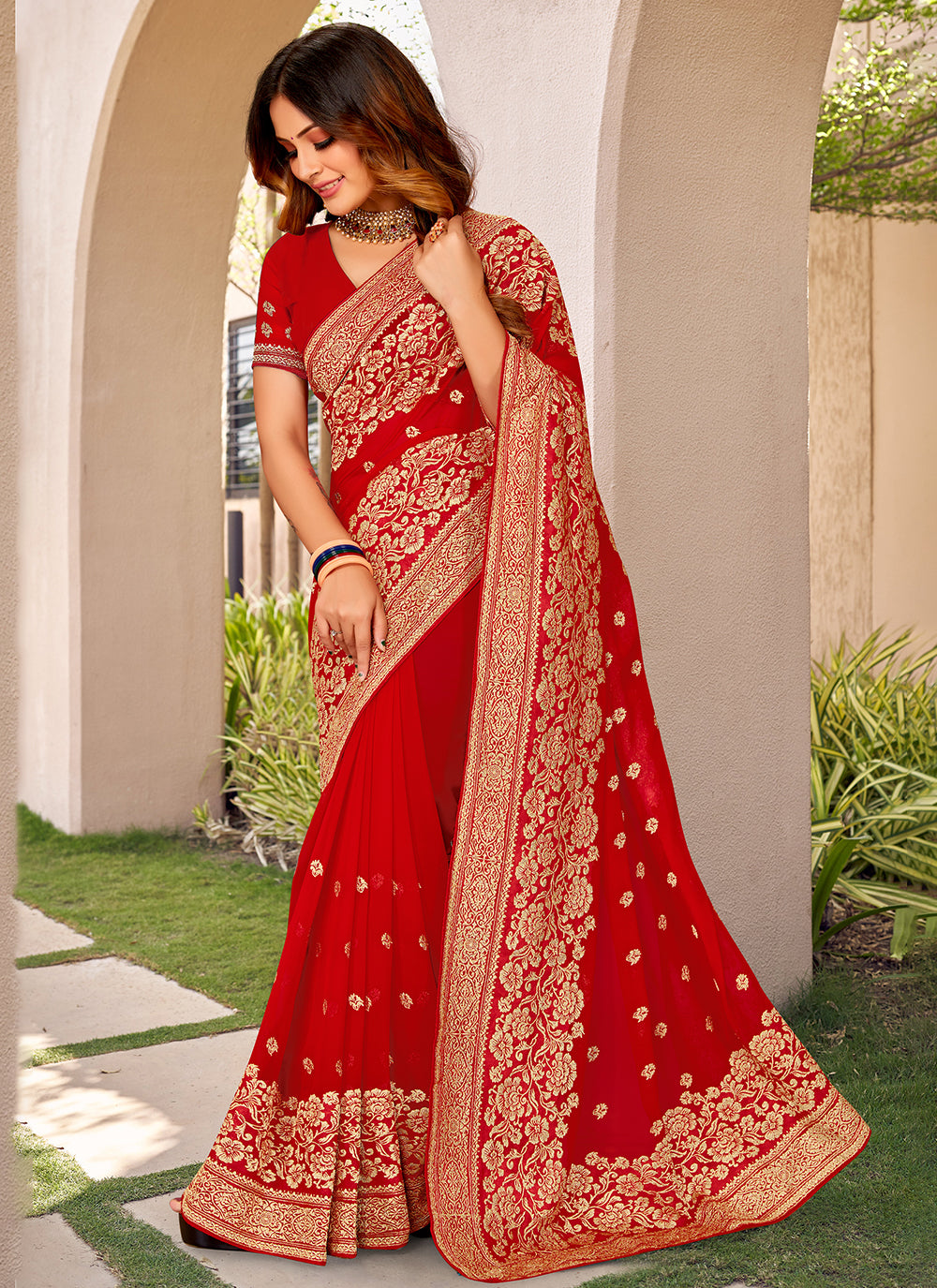 Red Embroidered Classic Saree
