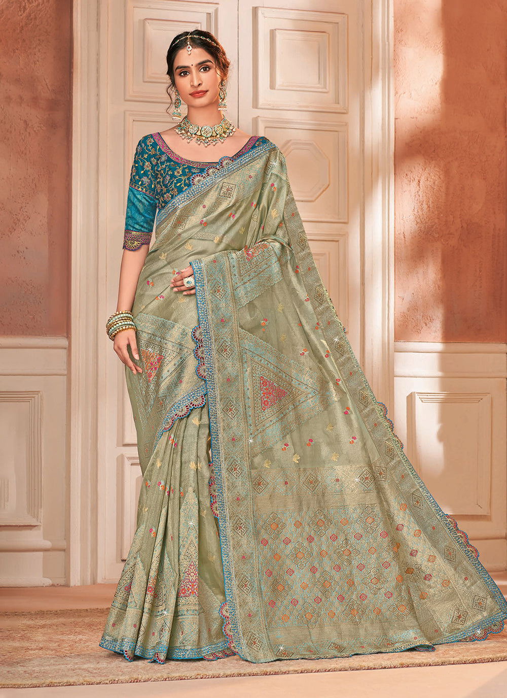 Grey Silk Embroidered And Weaving Work Trendy Saree For Party
