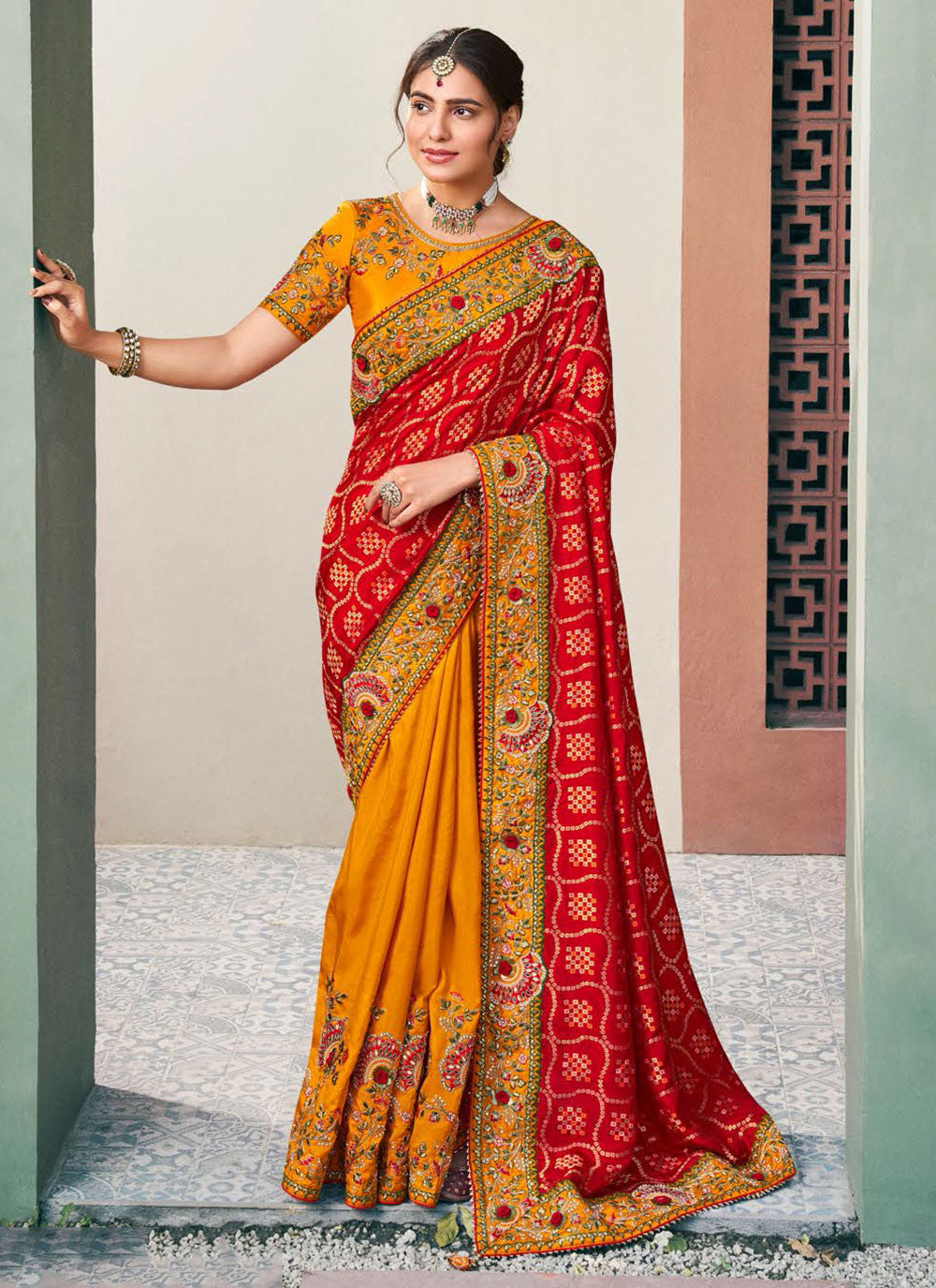 Mustard And Red Silk Trendy Saree With Embroidered For Ceremonial