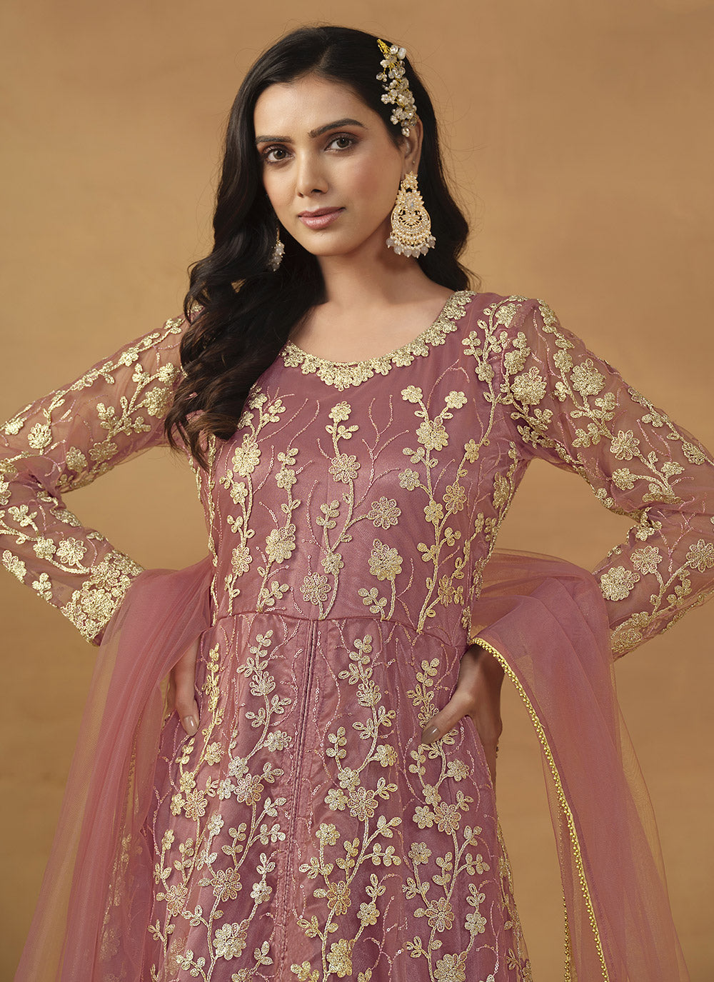 Net Pant Style Suit With Embroidered Work