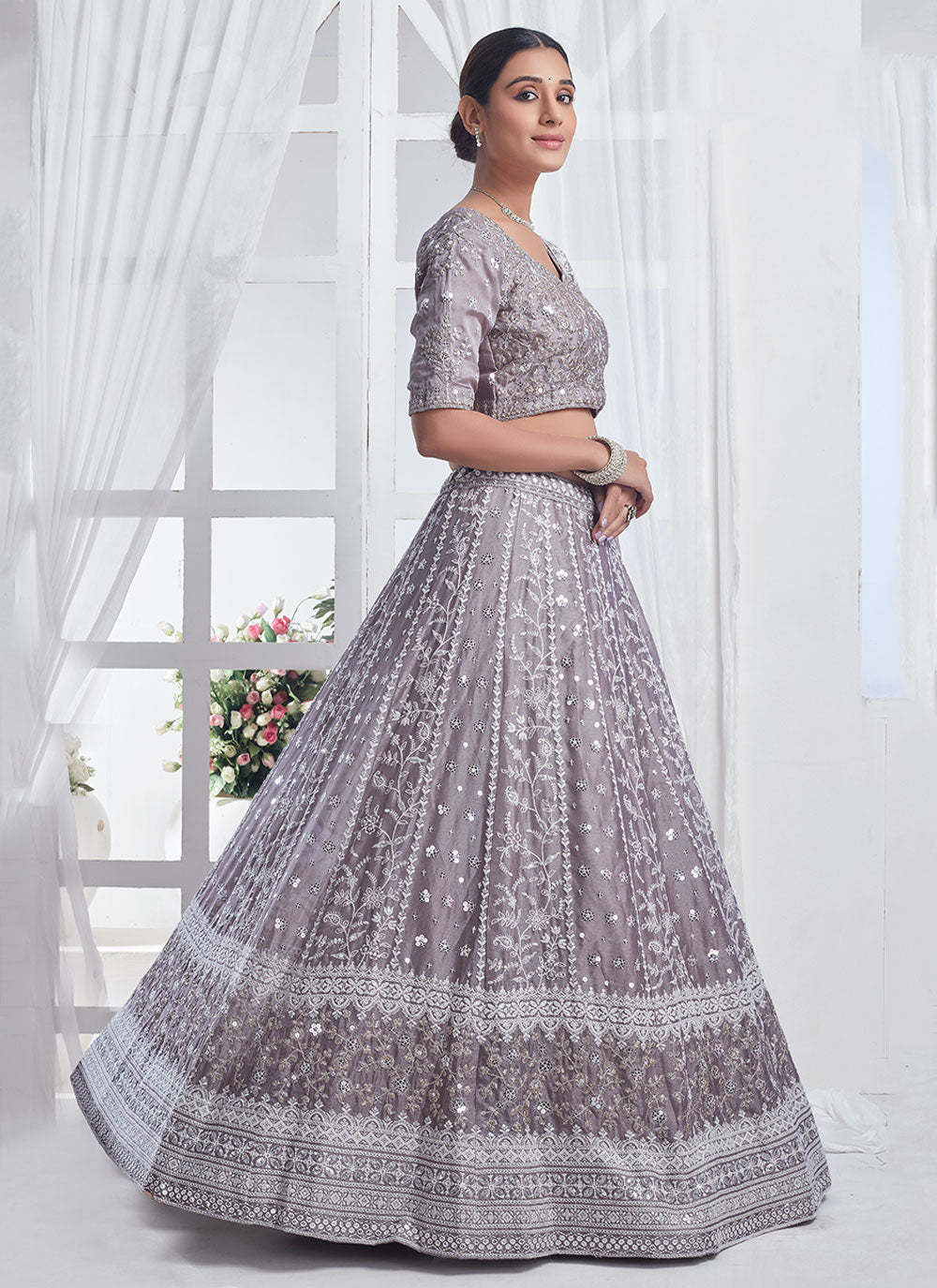 Grey Pure Chiffon Embroidered And Sequins Work Lehenga Choli For Festival