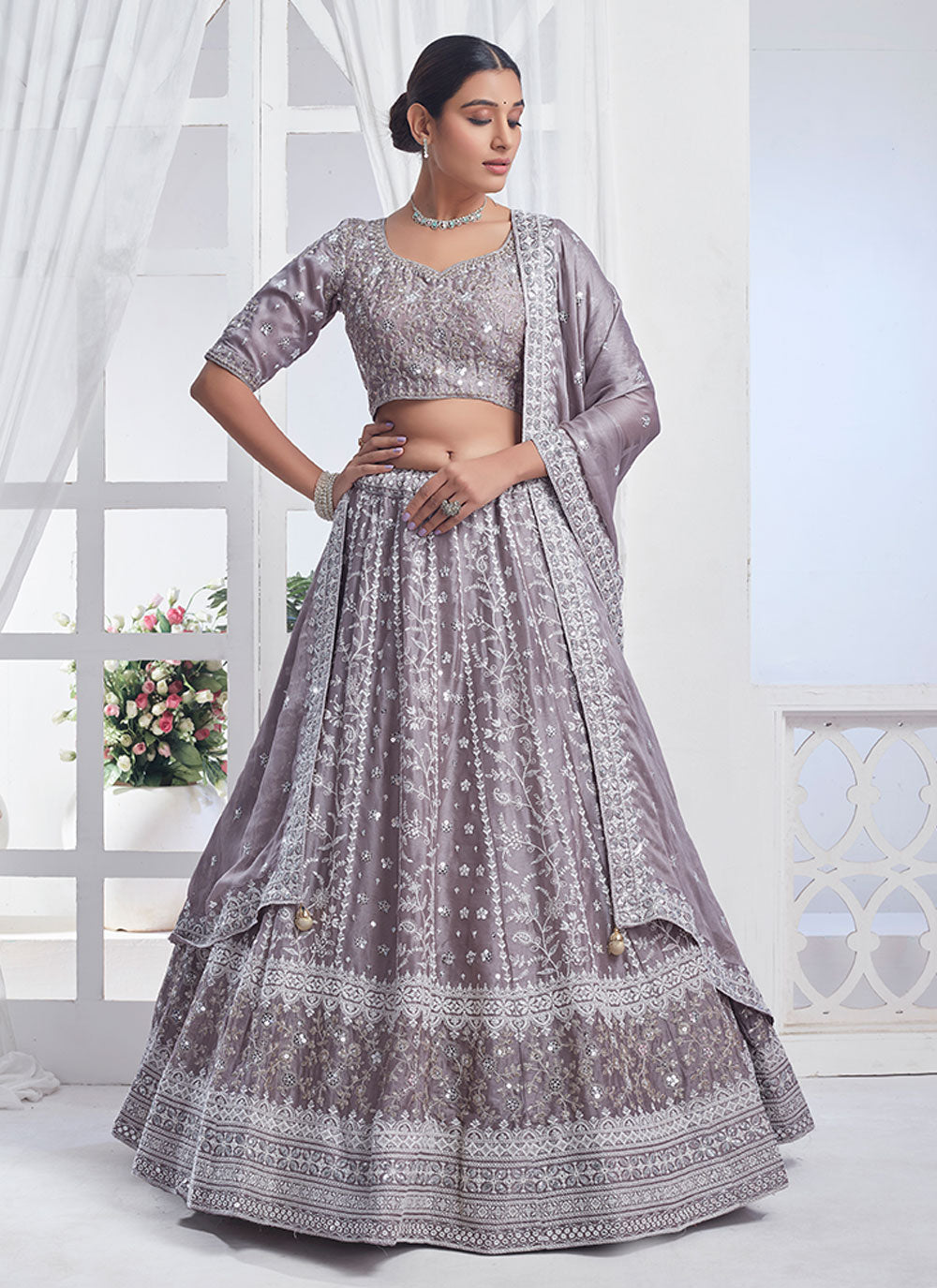 Grey Pure Chiffon Embroidered And Sequins Work Lehenga Choli For Festival