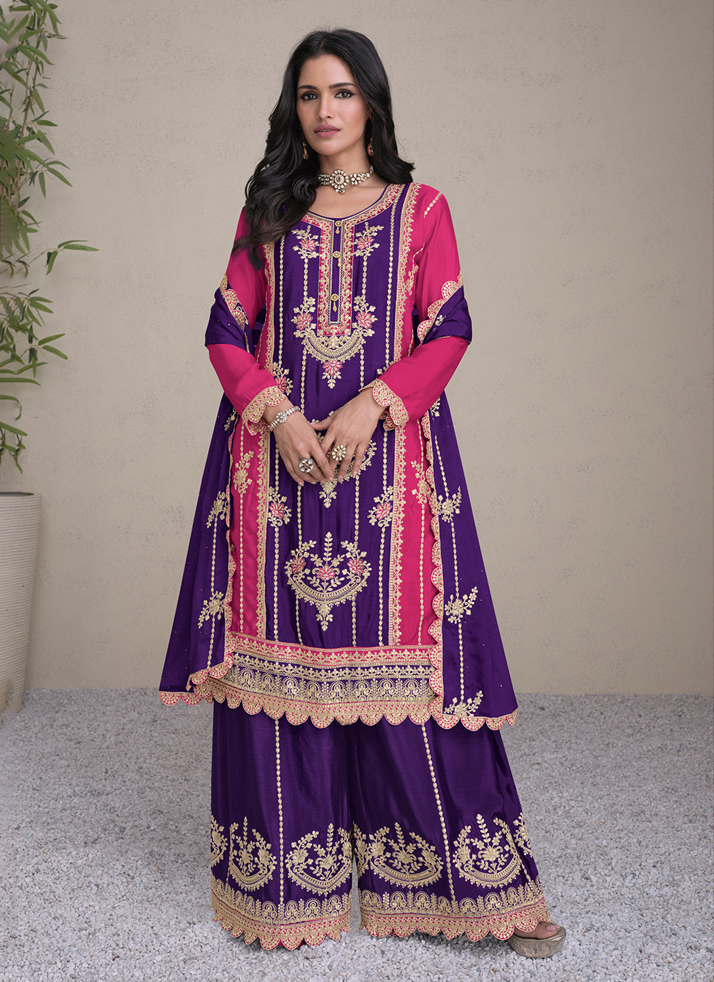 Embroidered And Sequins Work Chinon Readymade Salwar Suit In Purple For Engagement