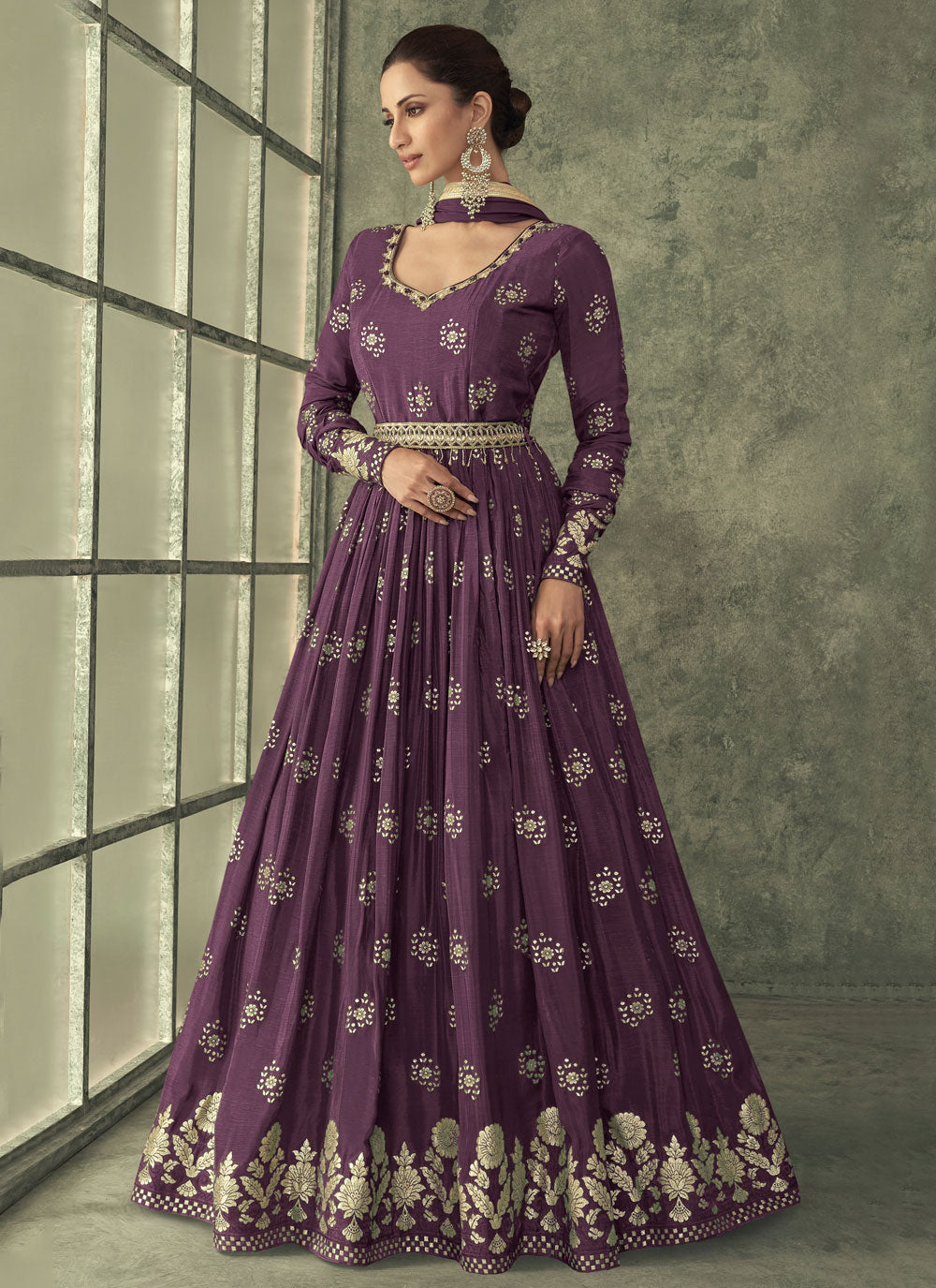 Sterling Purple Jacquard Silk Gown