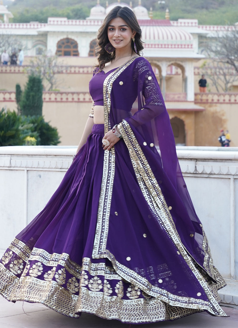 Purple Faux Georgette Lehenga Choli With Embroidered And Sequins Work For Ceremonial