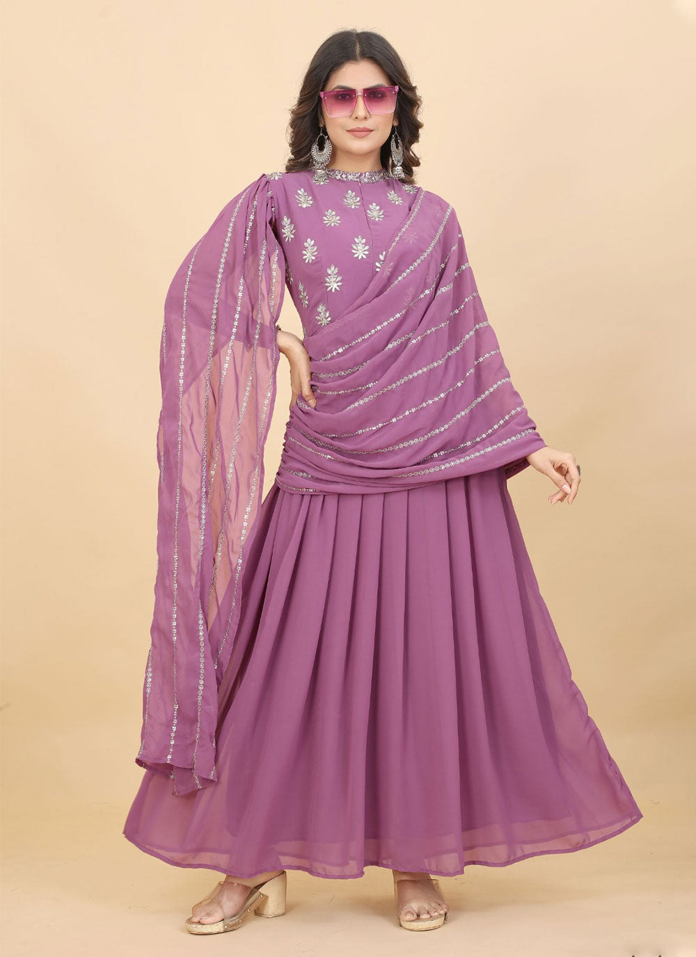 Purple Georgette Indian Gown With Embroidered Work
