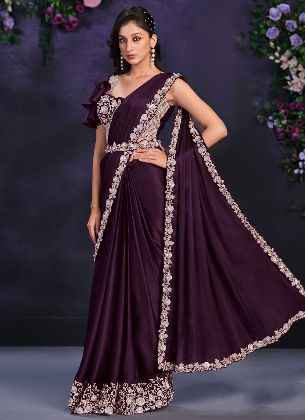 Purple Satin Silk Classic Saree With Moti, Sequins And Thread Work For Ceremonial