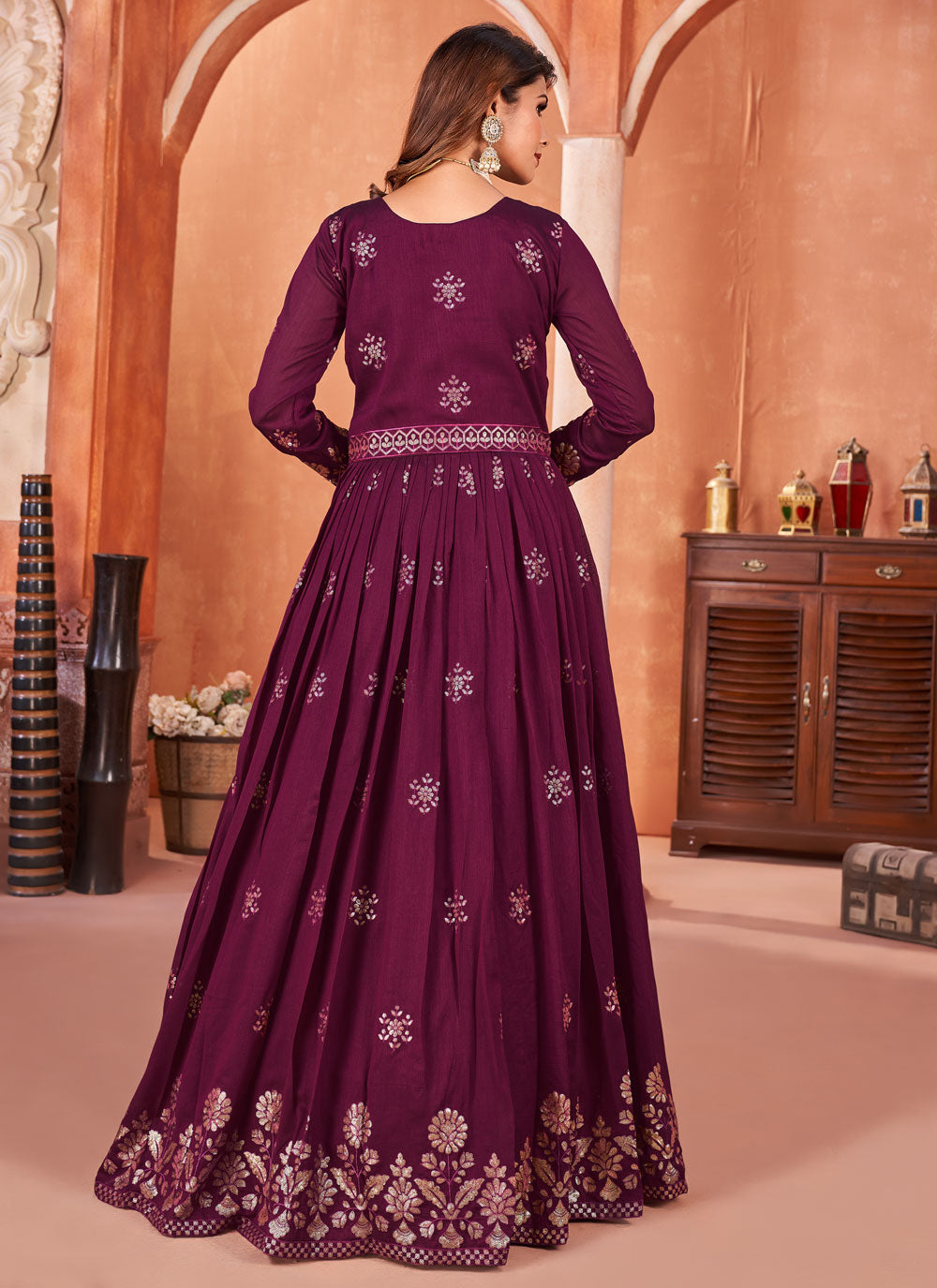 Purple Art Silk Salwar Suit With Embroidered Work
