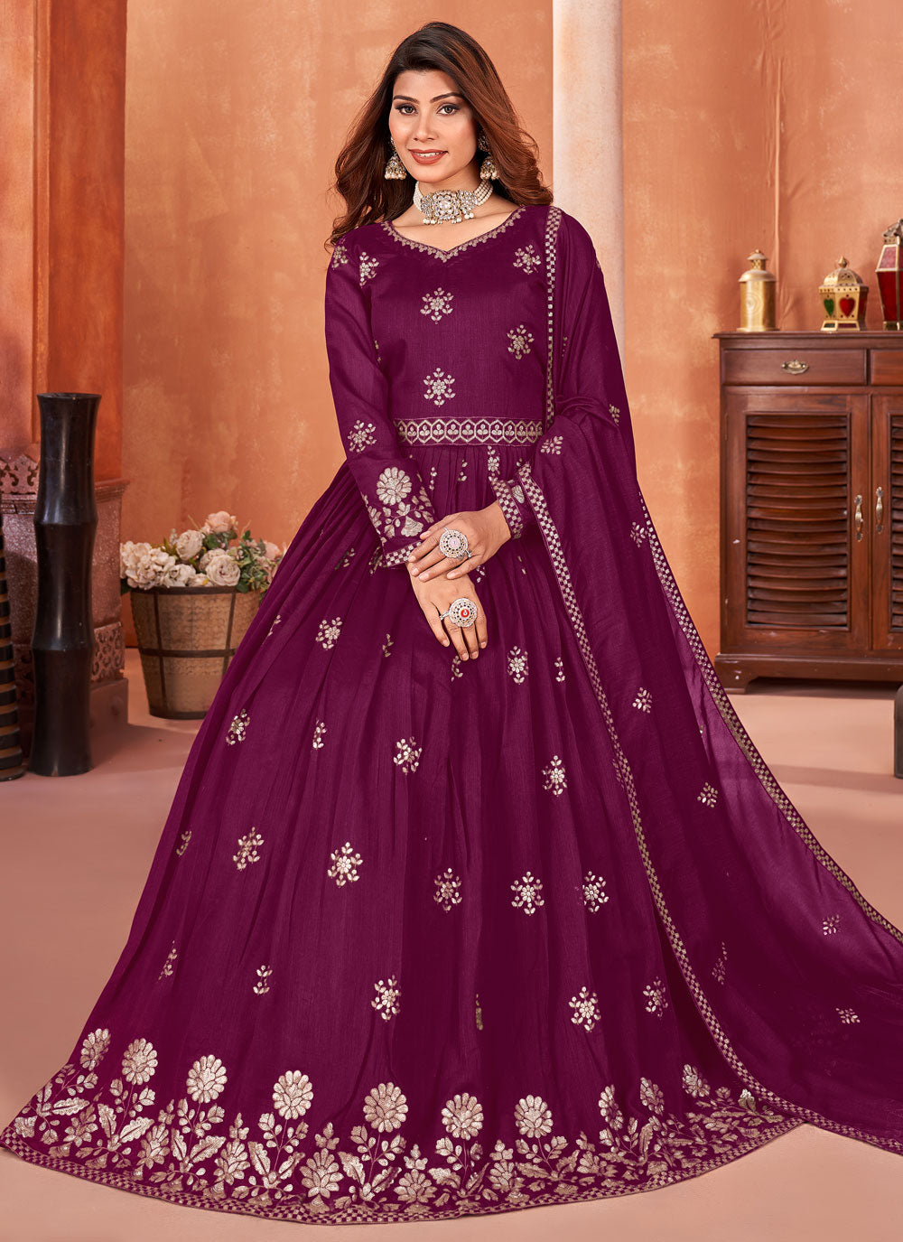 Purple Art Silk Salwar Suit With Embroidered Work