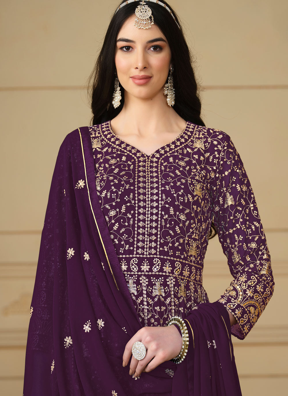 Purple Faux Georgette Embroidered And Sequins Work Salwar Suit For Women