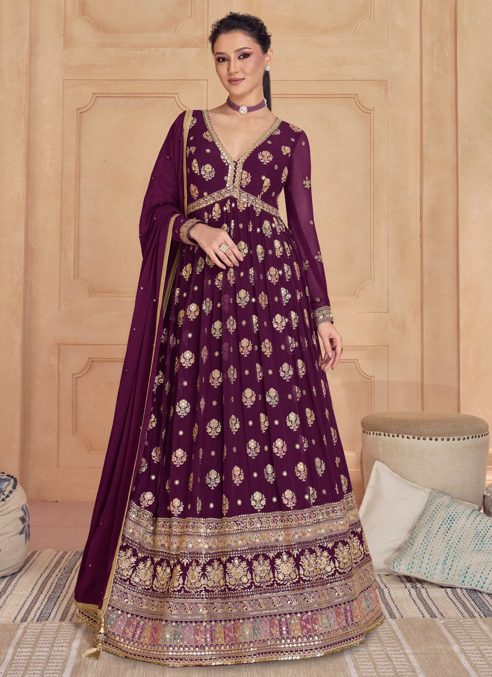 Refreshing Purple Georgette Designer Gown With Embroidered Work