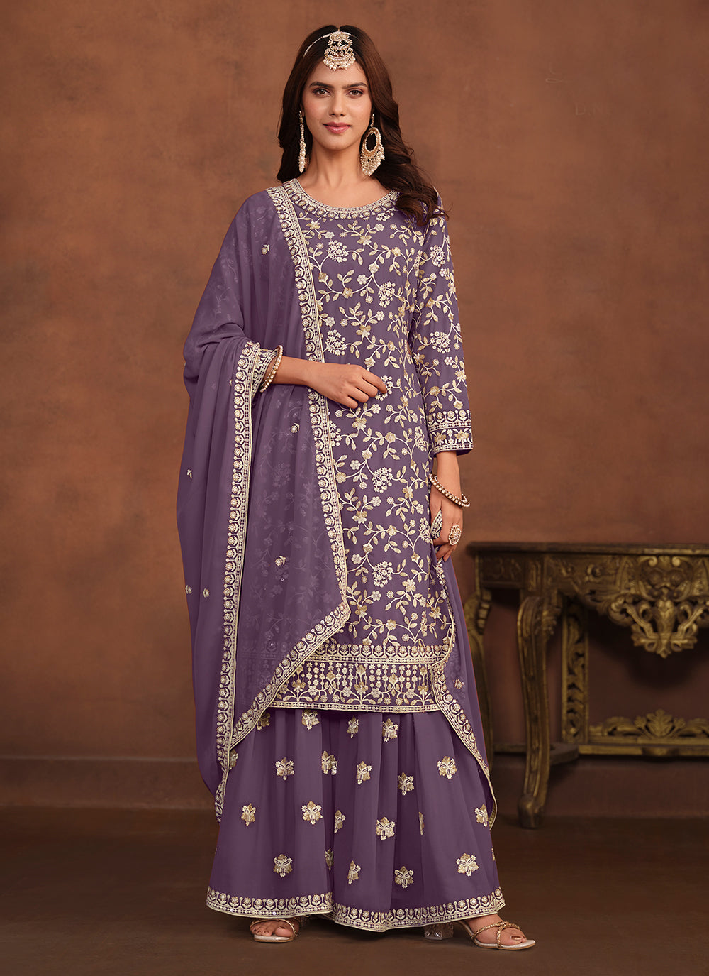 Purple Faux Georgette Trendy Suit With Embroidered And Sequins Work