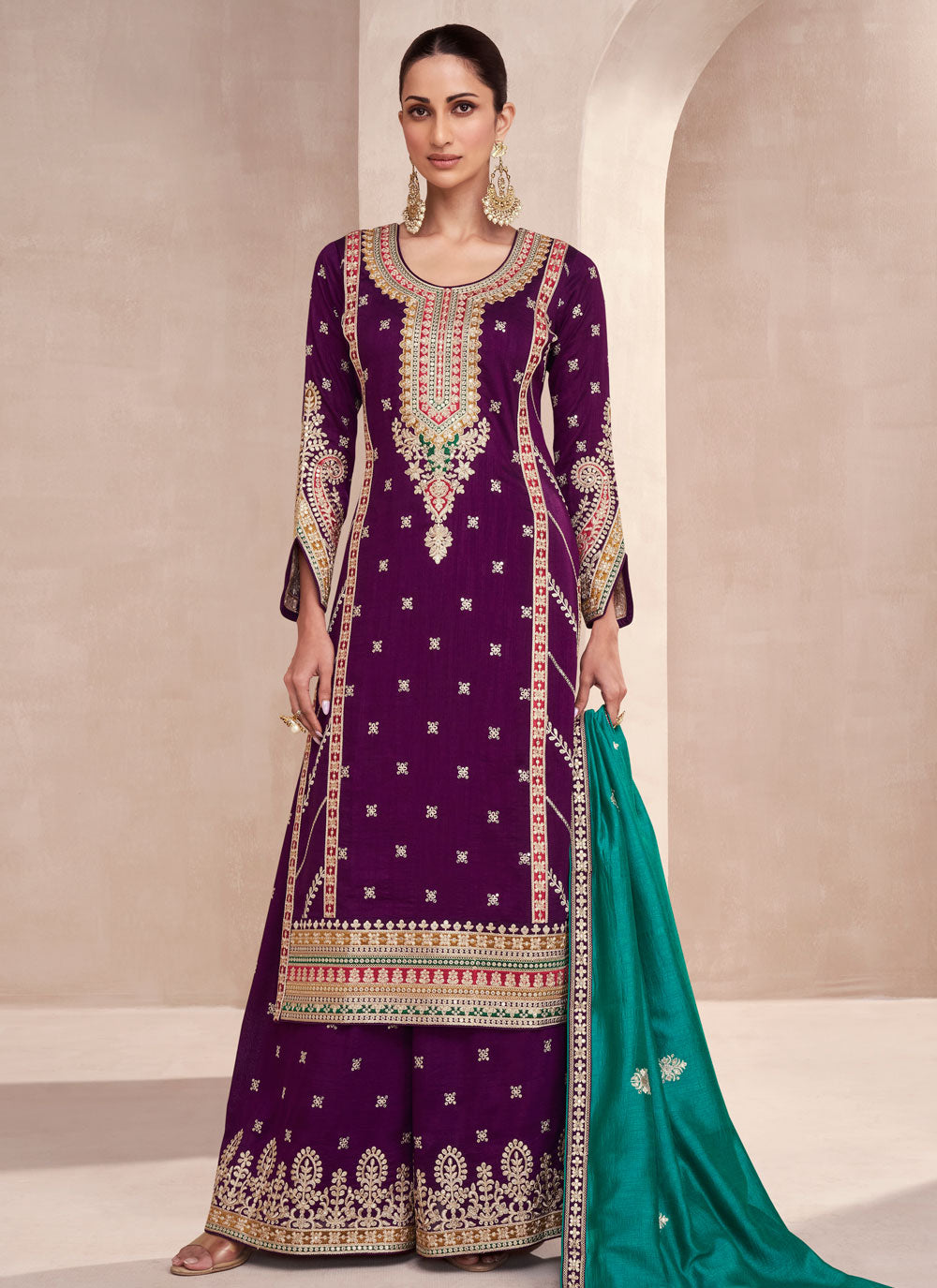 Purple Silk Salwar Suit With Embroidered And Sequins Work For Ceremonial
