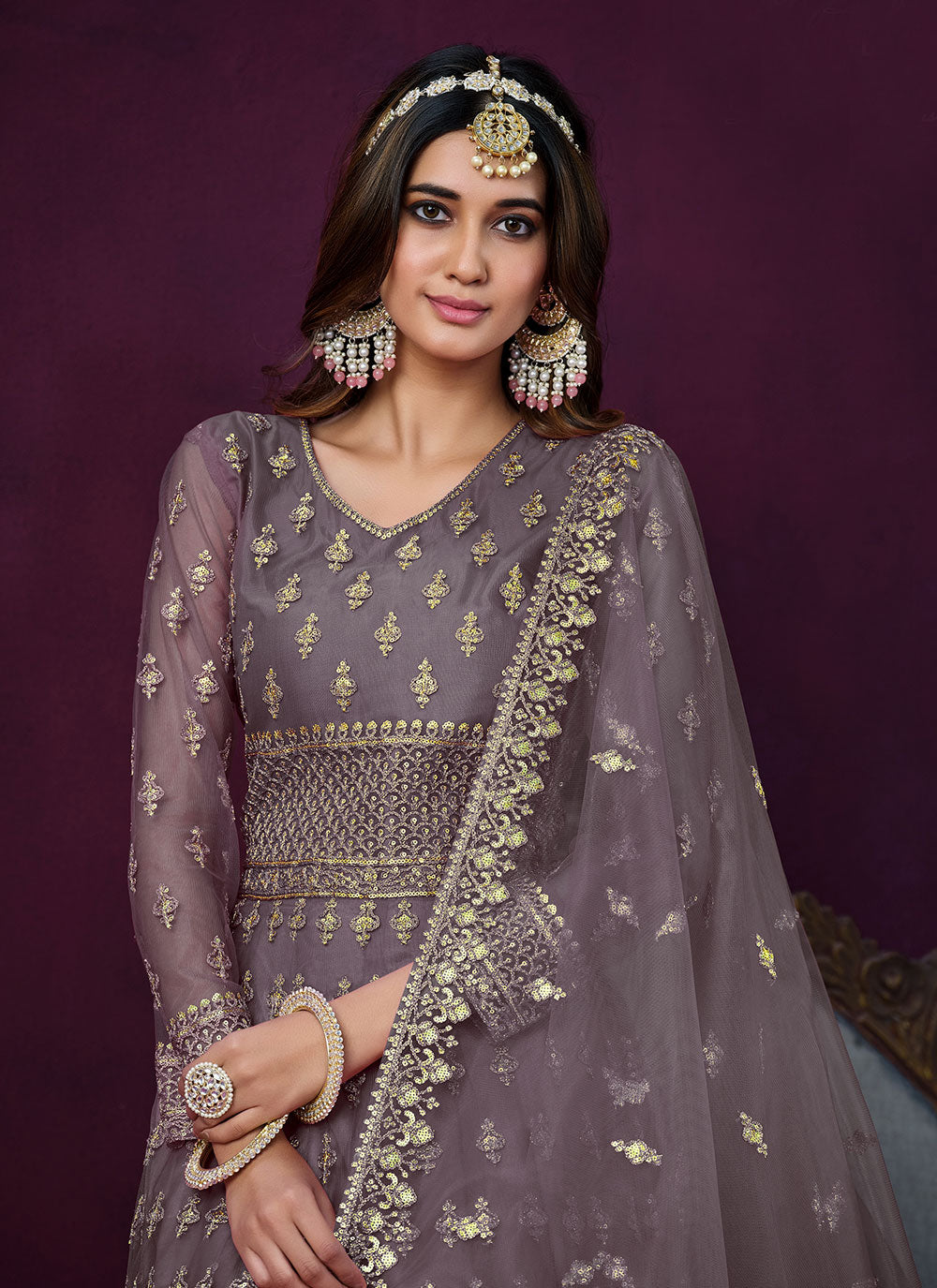 Purple Net Anarkali Suit With Embroidered And Sequins Work