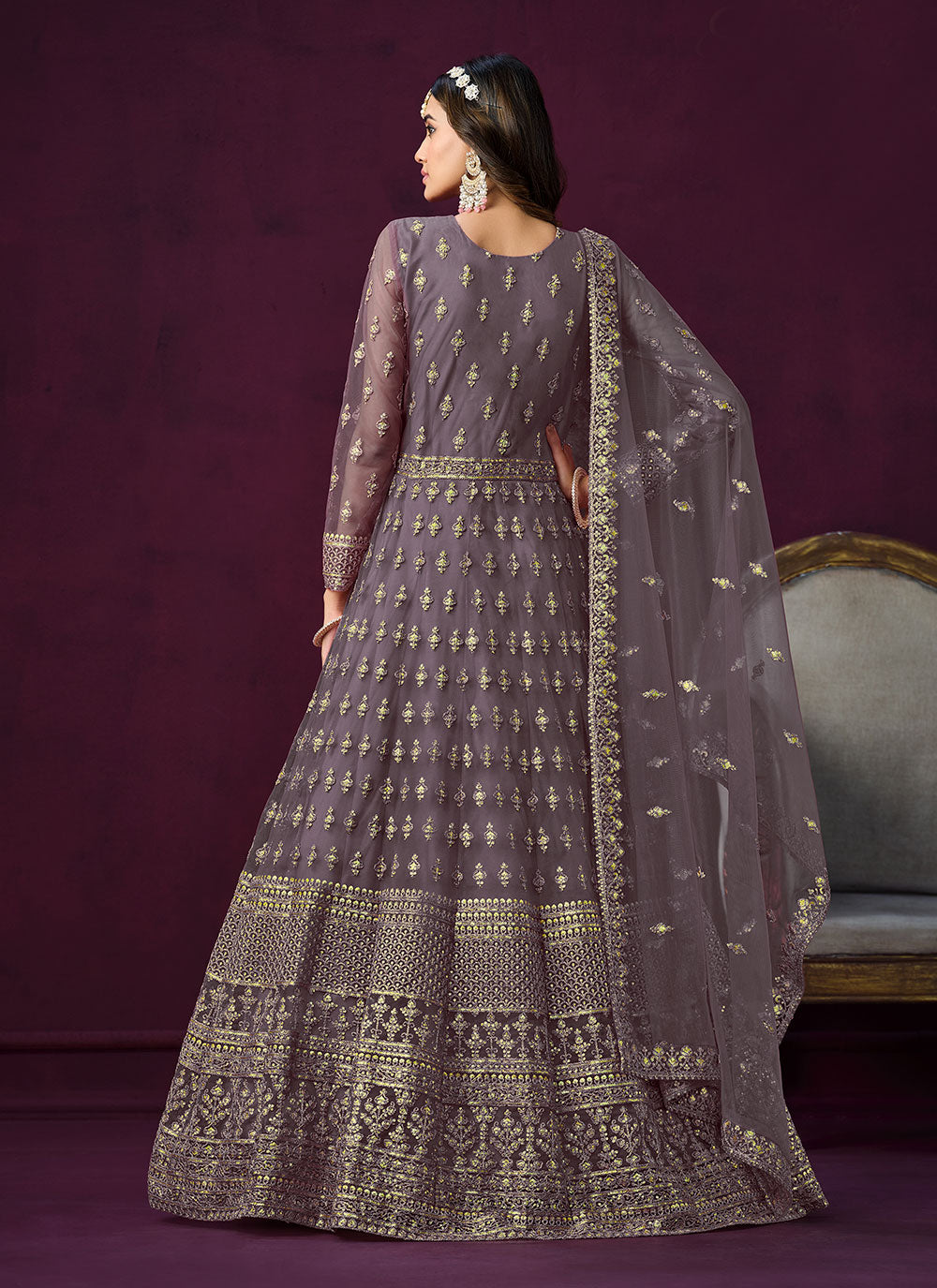 Purple Net Anarkali Suit With Embroidered And Sequins Work