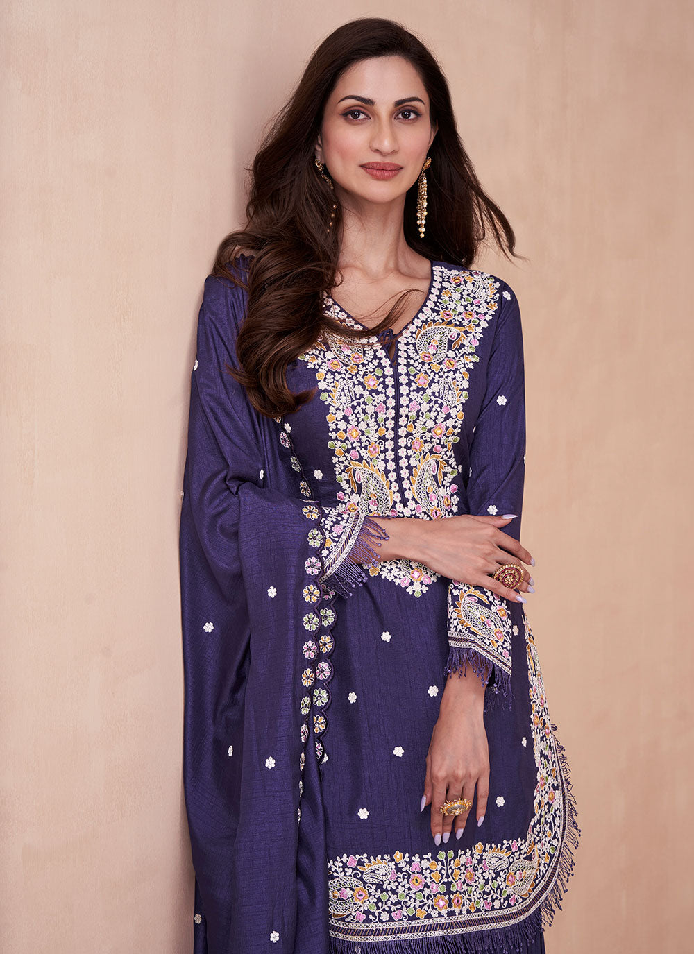 Purple Silk Palazzo Salwar Suit With Embroidered Work