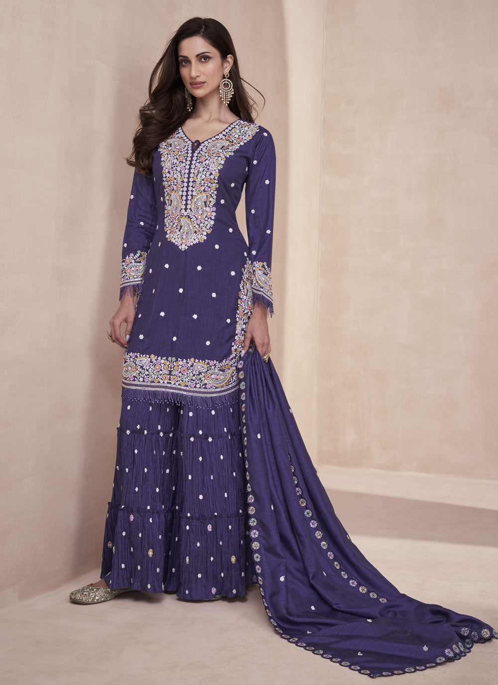 Purple Silk Palazzo Salwar Suit With Embroidered Work