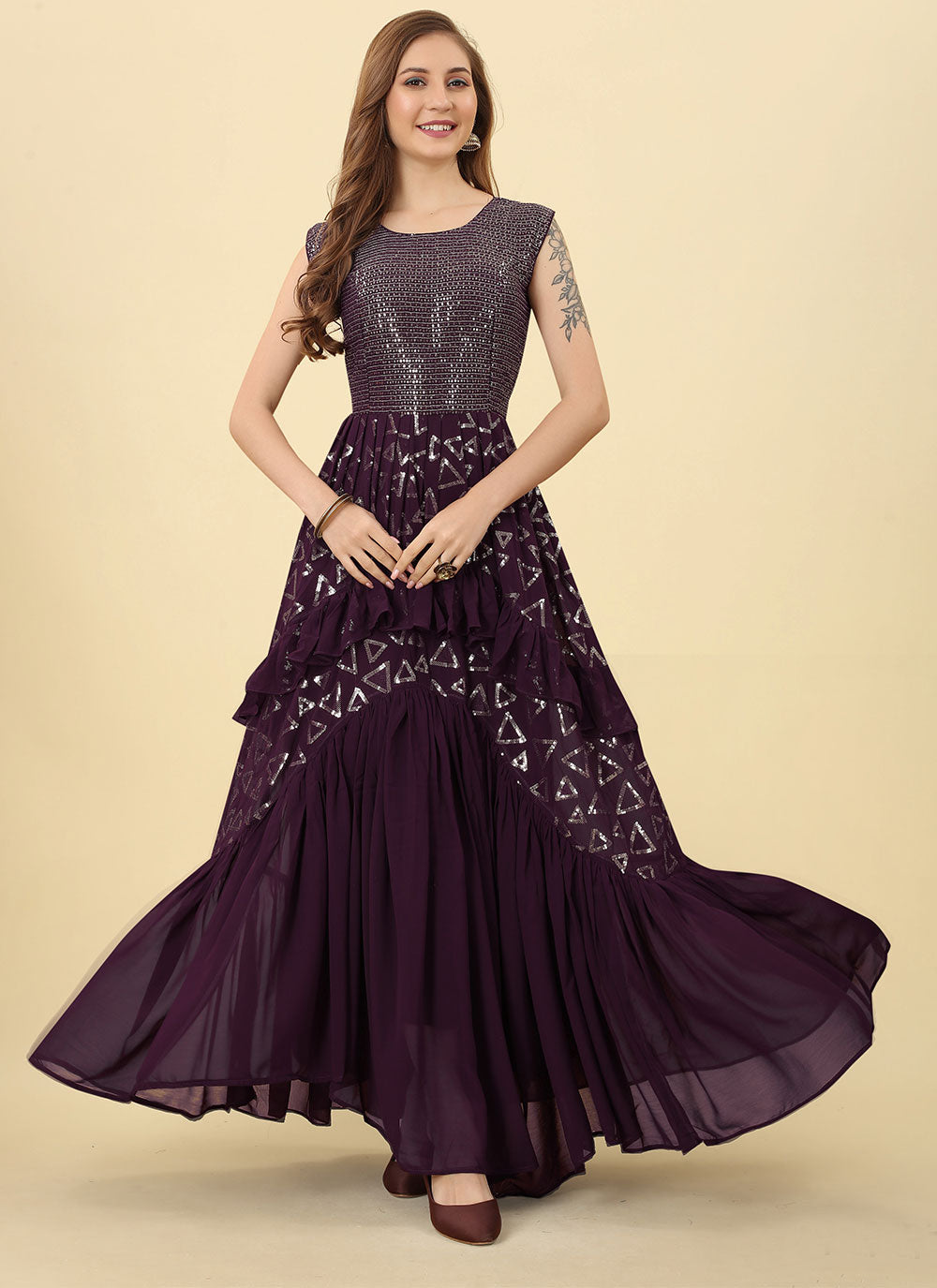 Embroidered And Sequins Work Indian Gown In Purple For Engagement