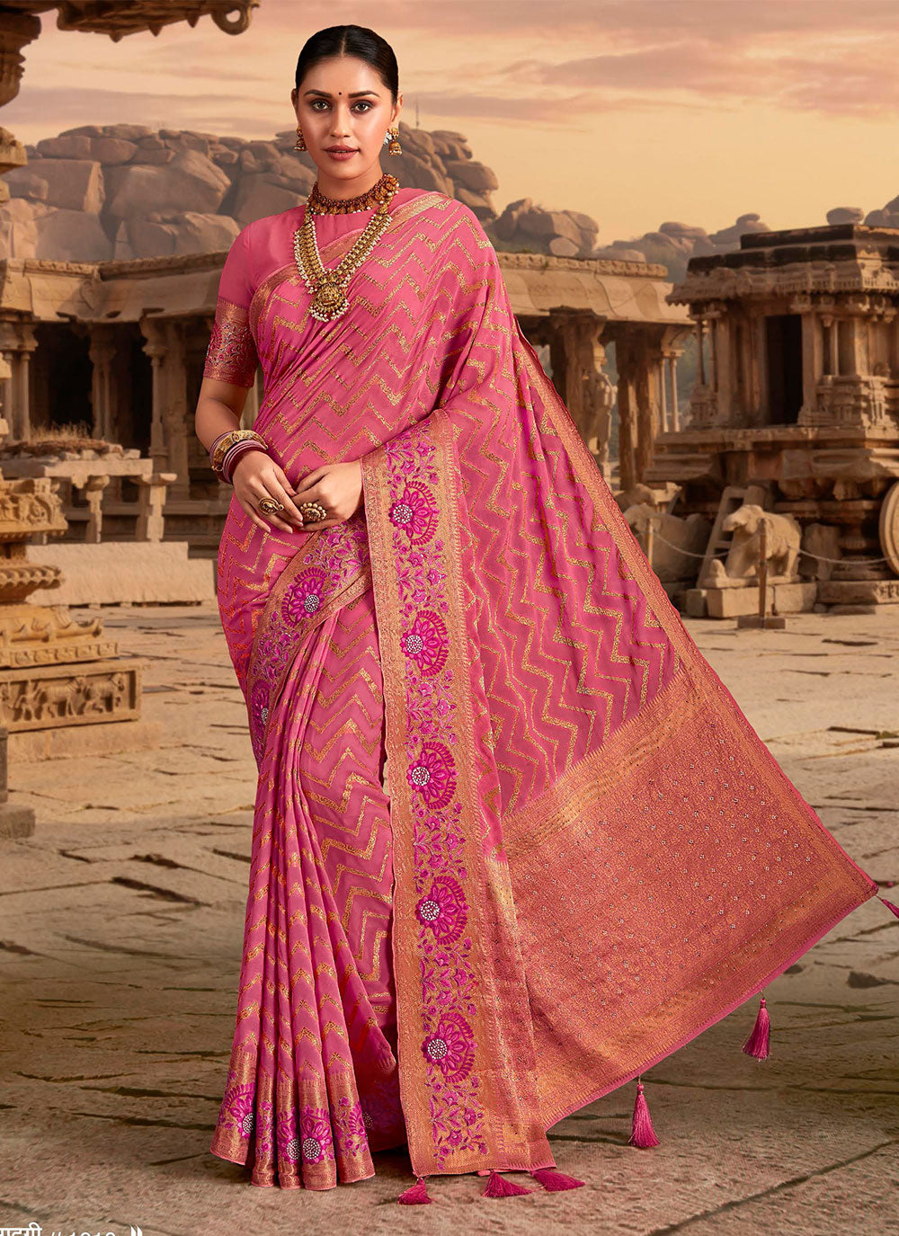 Pink Embroidered And Weaving Work Georgette Trendy Saree