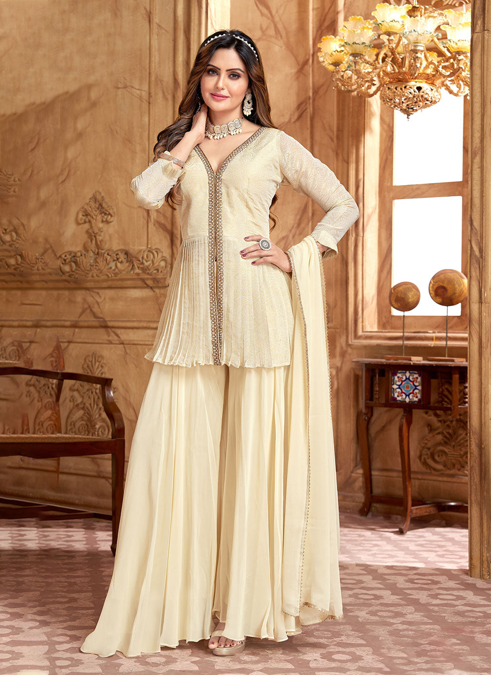 Cream Georgette Salwar Suit With Embroidered Work