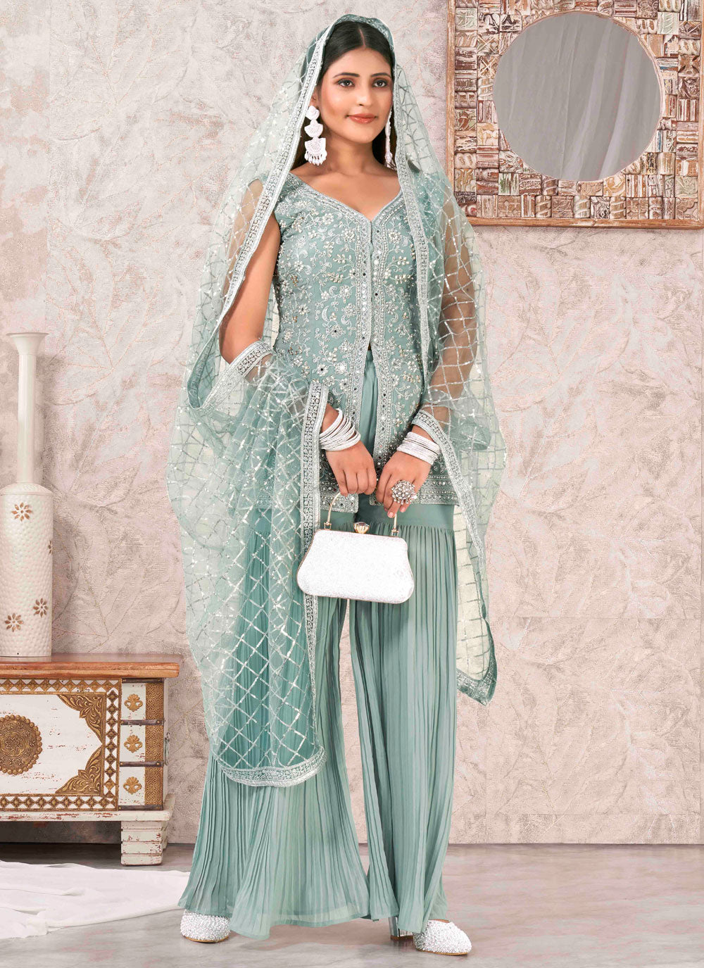 Turquoise Georgette Readymade Salwar Suit With Embroidered And Mirror Work