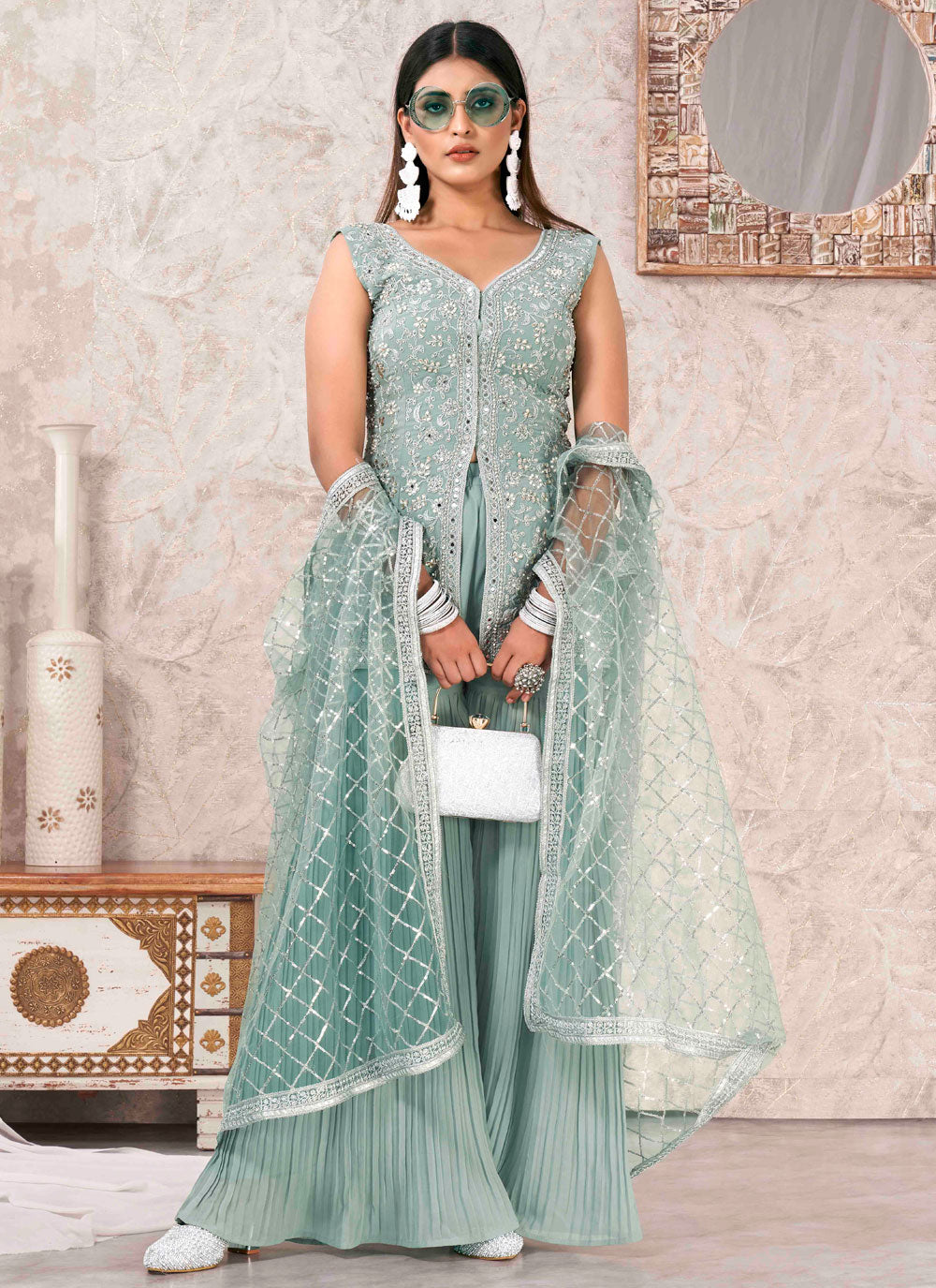 Turquoise Georgette Readymade Salwar Suit With Embroidered And Mirror Work