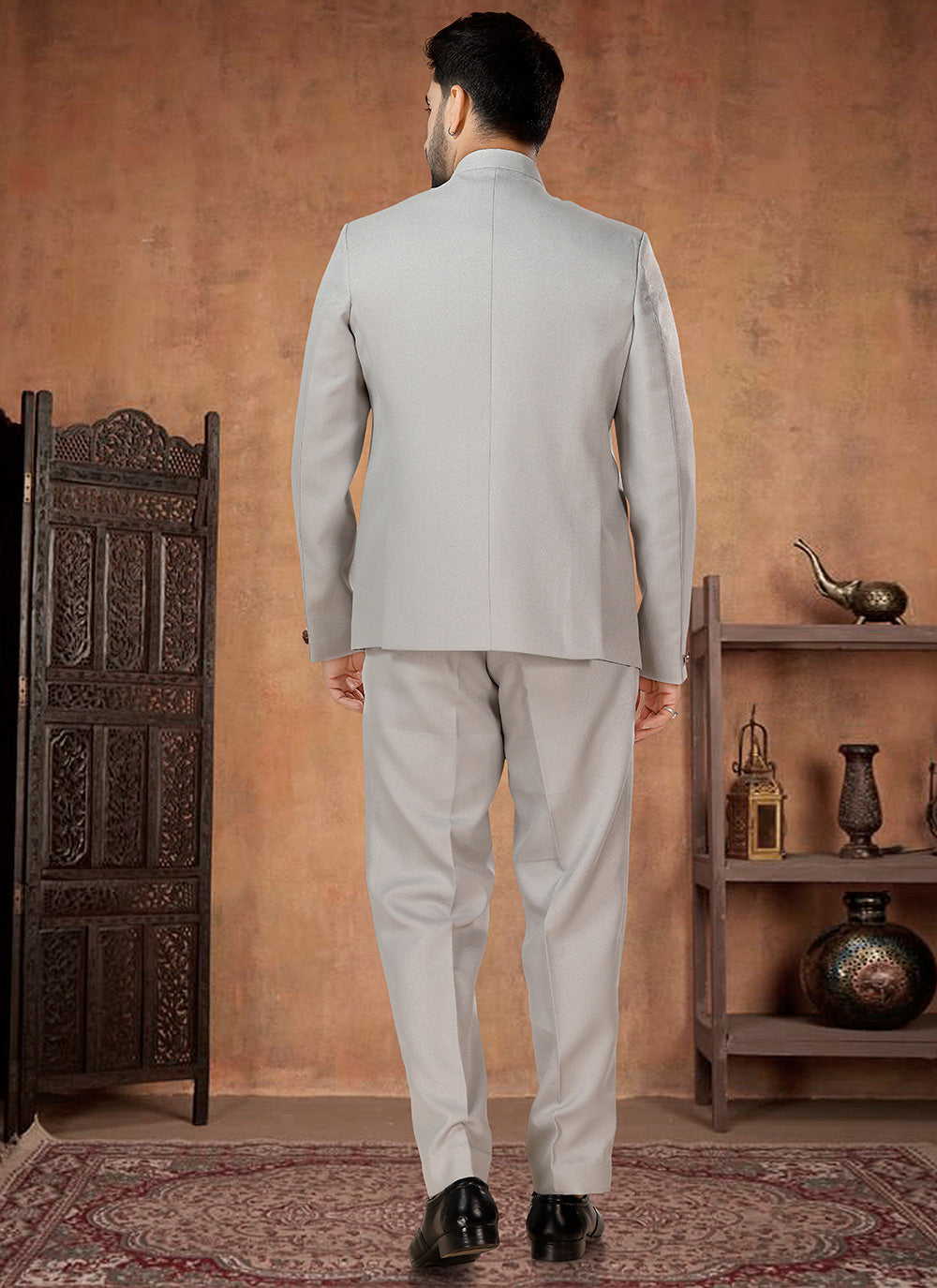 Men's Grey Rayon Buttons Work Jodhpuri Suit