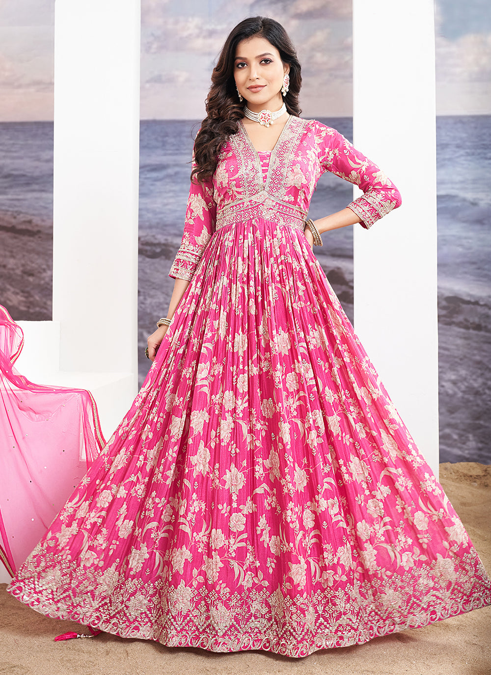 Embroidered And Floral Patch Work Chinon Designer Gown In Pink