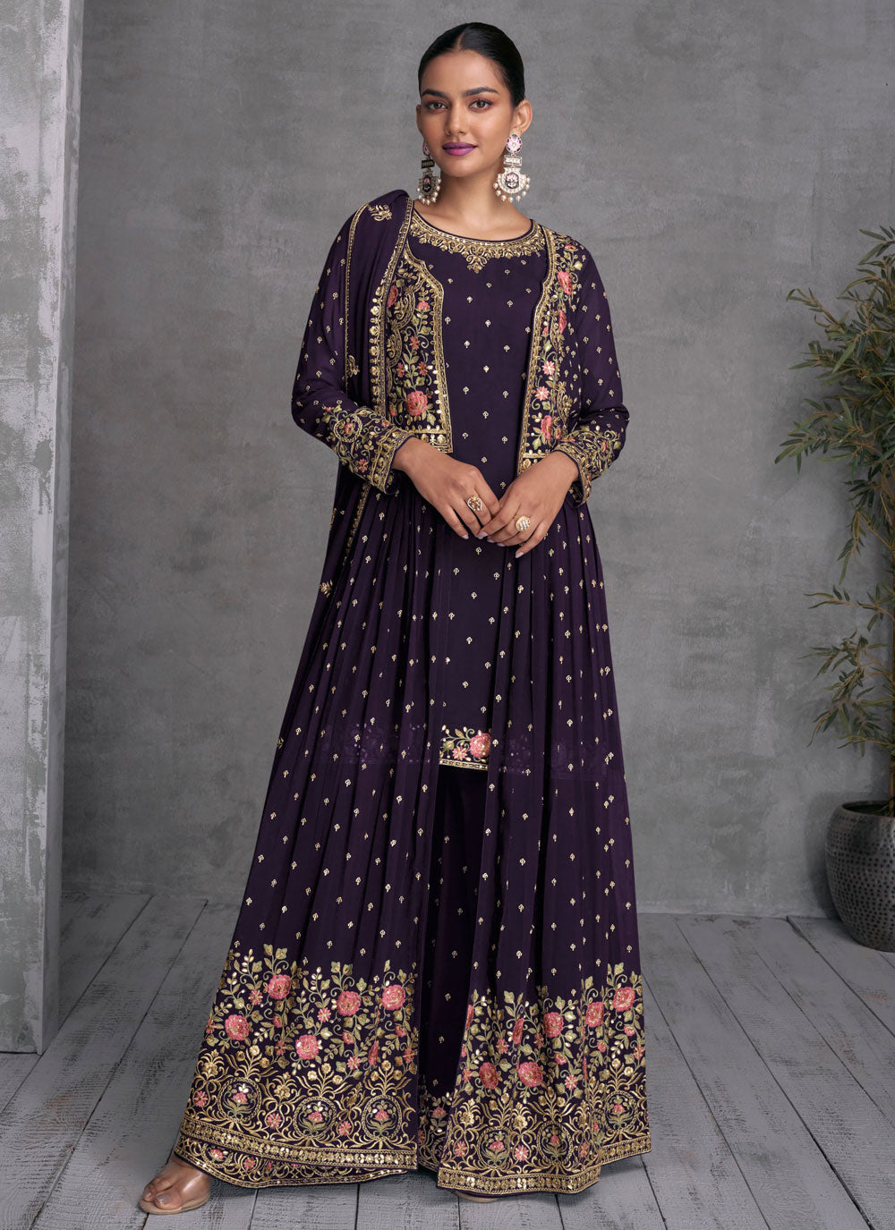 Violet Georgette Readymade Salwar Suit With Embroidered