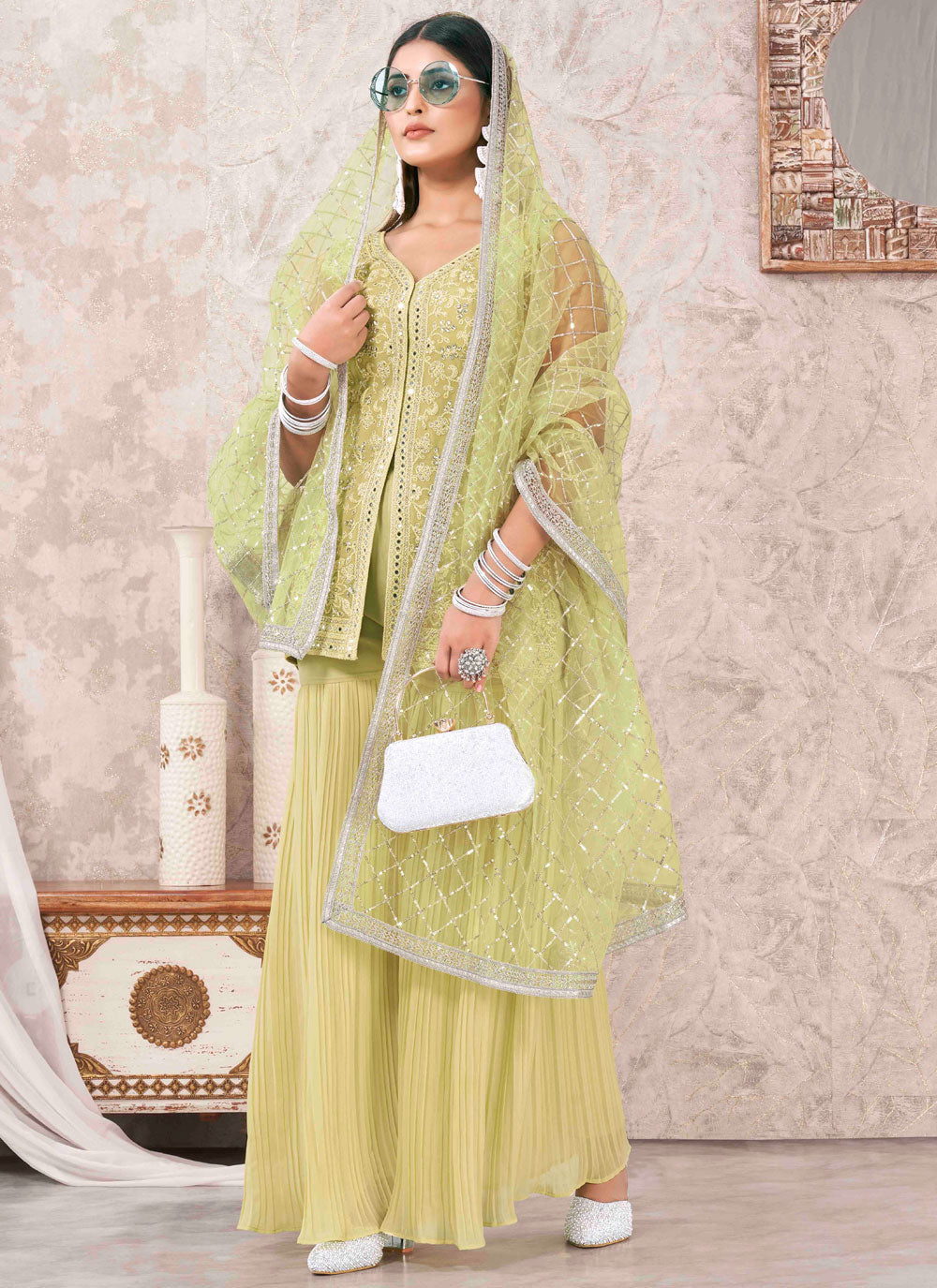 Georgette Readymade Salwar Suit With Embroidered And Mirror Work