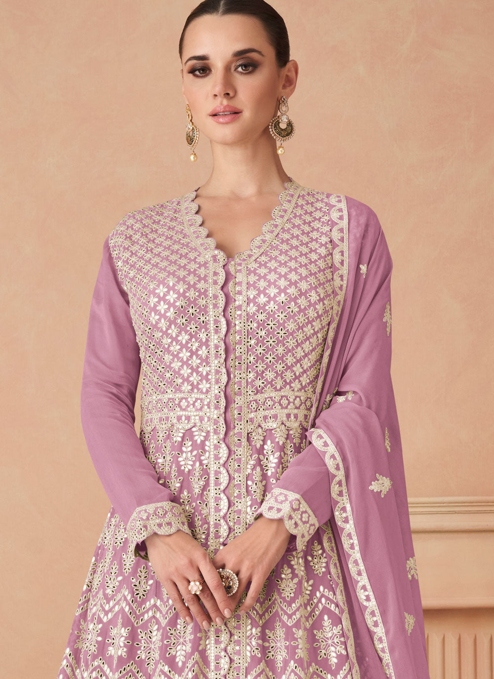 Lavender Embroidered And Sequins Work Georgette Readymade Salwar Suit