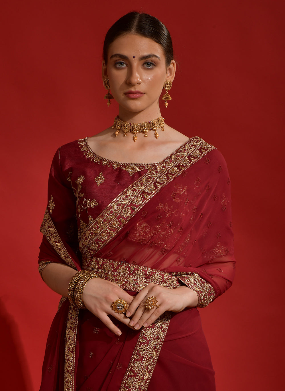 Red Embroidered Ceremonial Trendy Saree