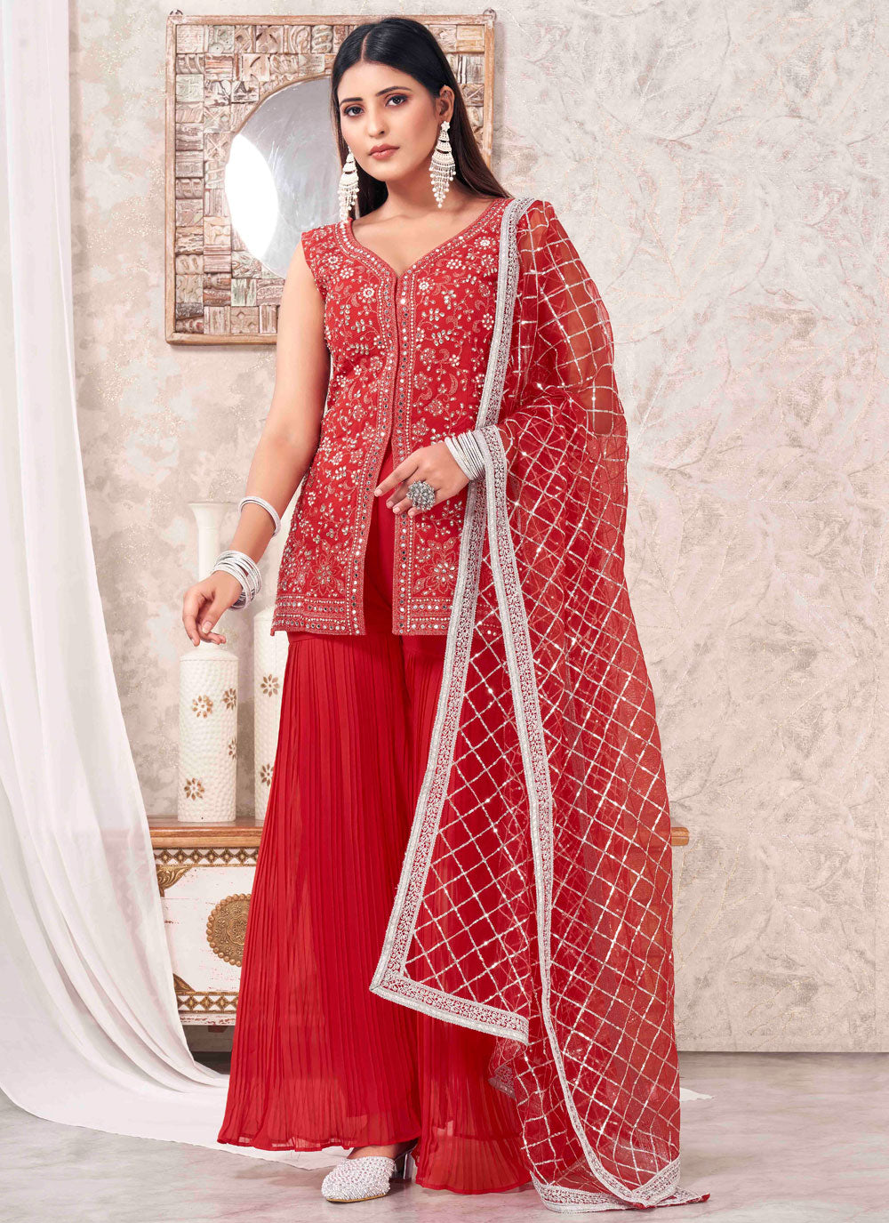 Red Georgette Embroidered And Mirror Work Salwar Suit