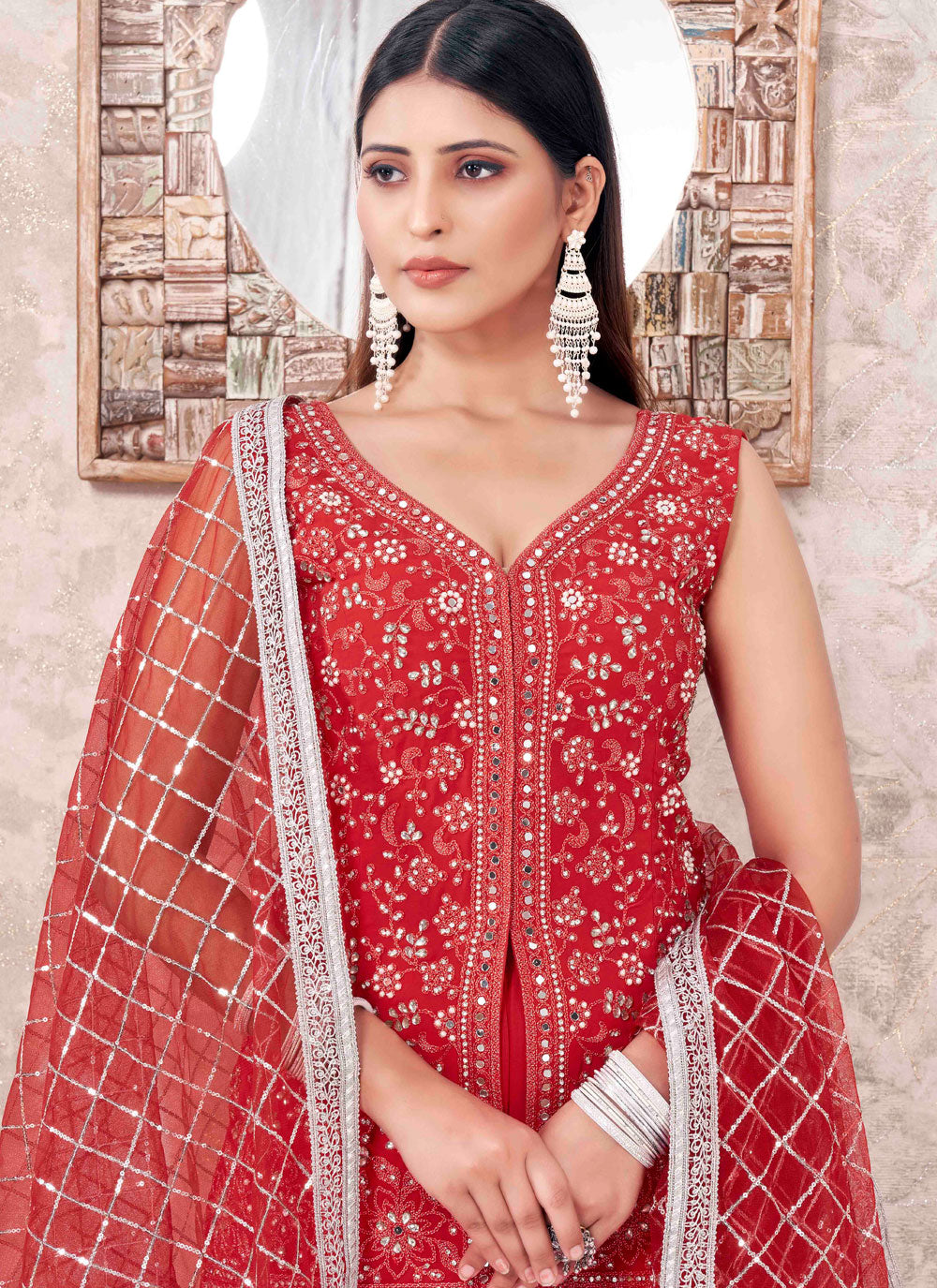 Red Georgette Embroidered And Mirror Work Salwar Suit