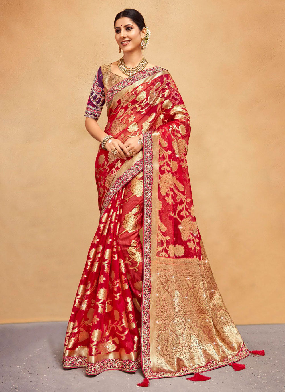 Weaving Work Organza Contemporary Saree In Red For Ceremonial