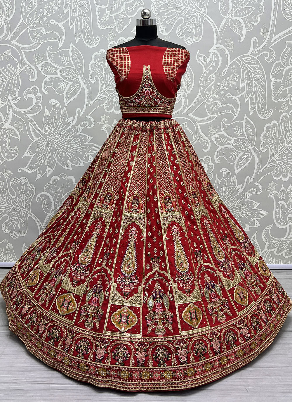 Red Silk Dori, Embroidered, Khatli, Sequins, Thread, Zardosi And Zari Work Lehenga Choli For Bridal