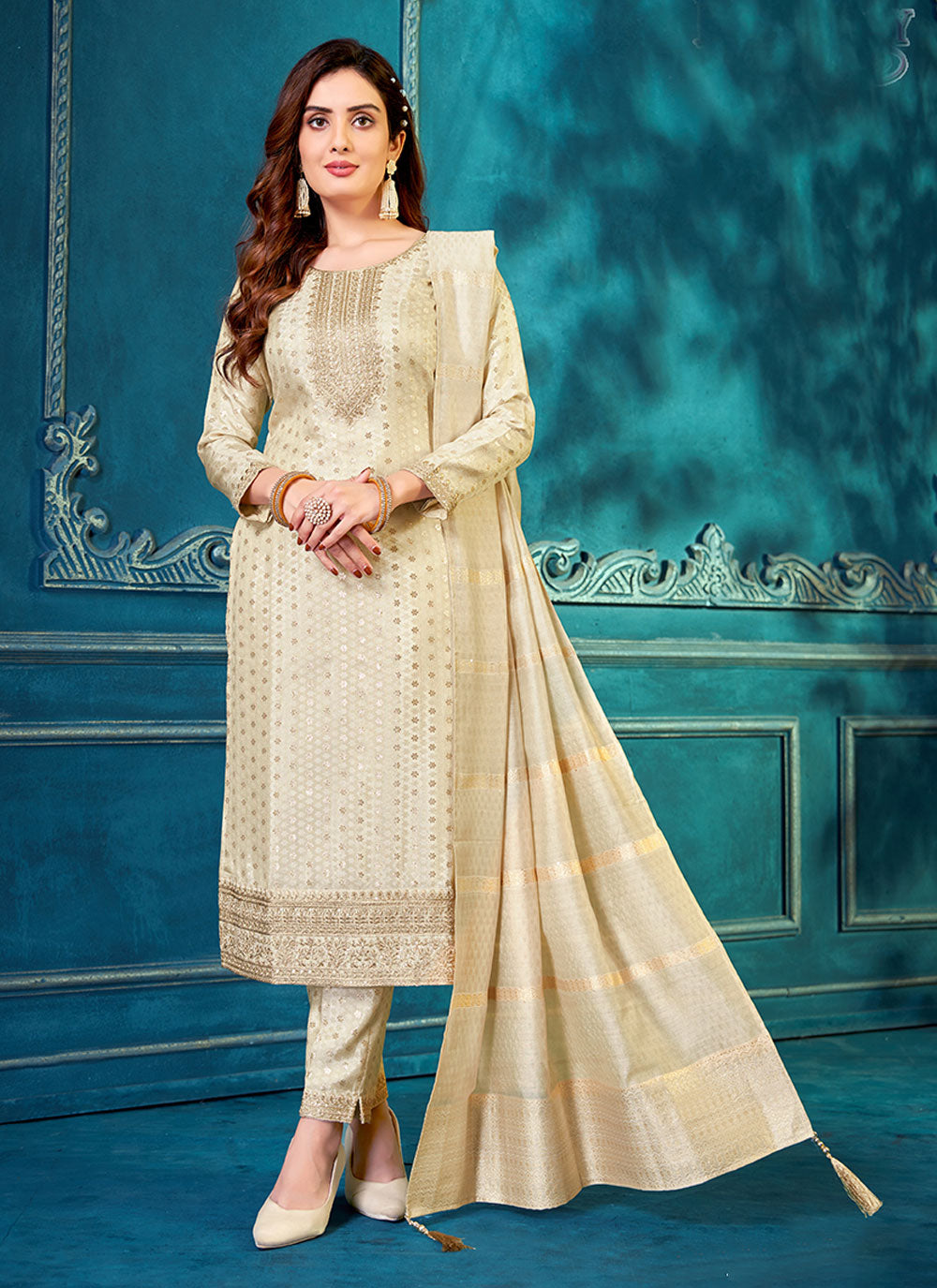 Cream Embroidered Readymade Salwar Suit