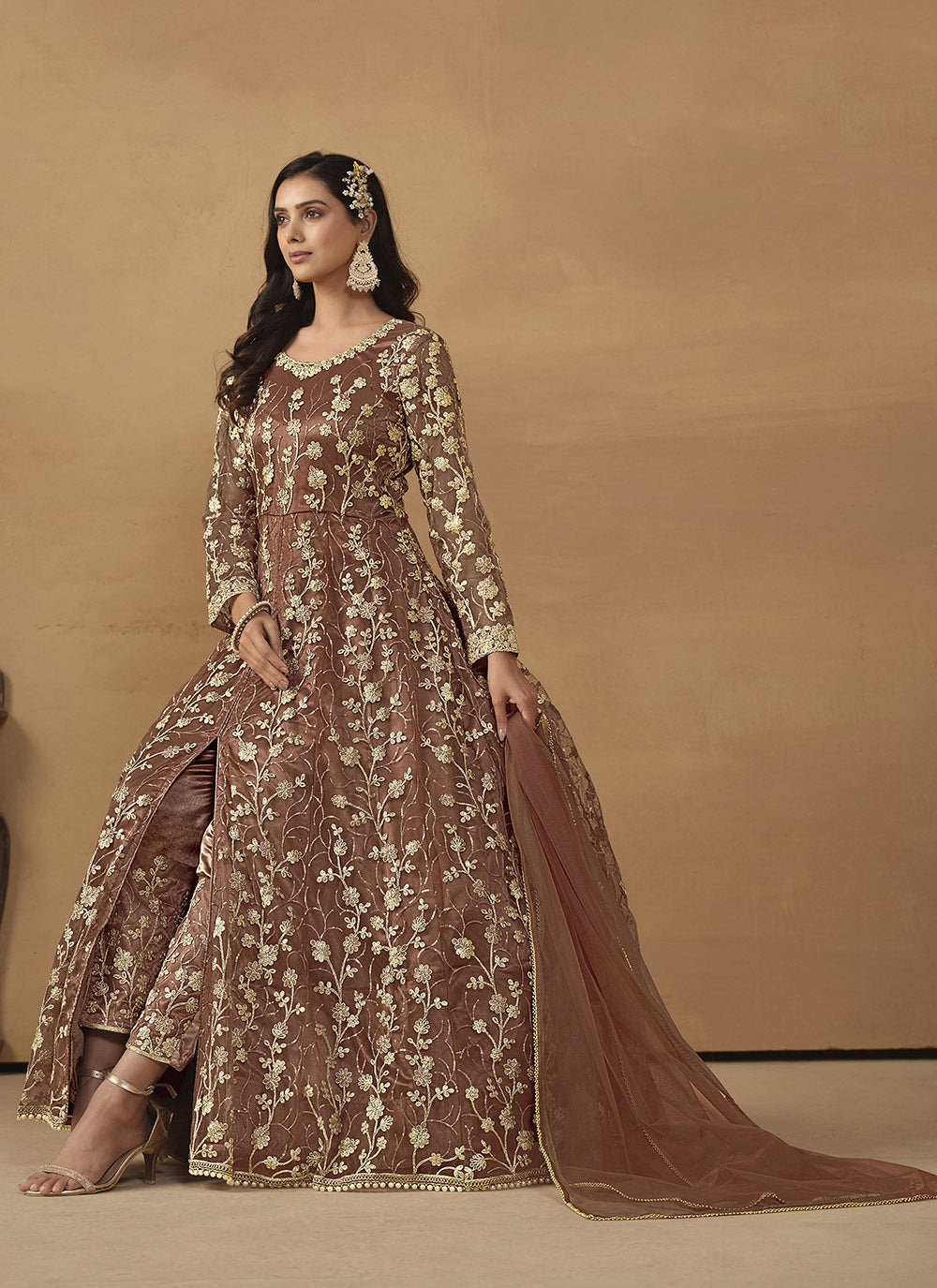 Brown Net Pant Style Suit With Embroidered Work For Women