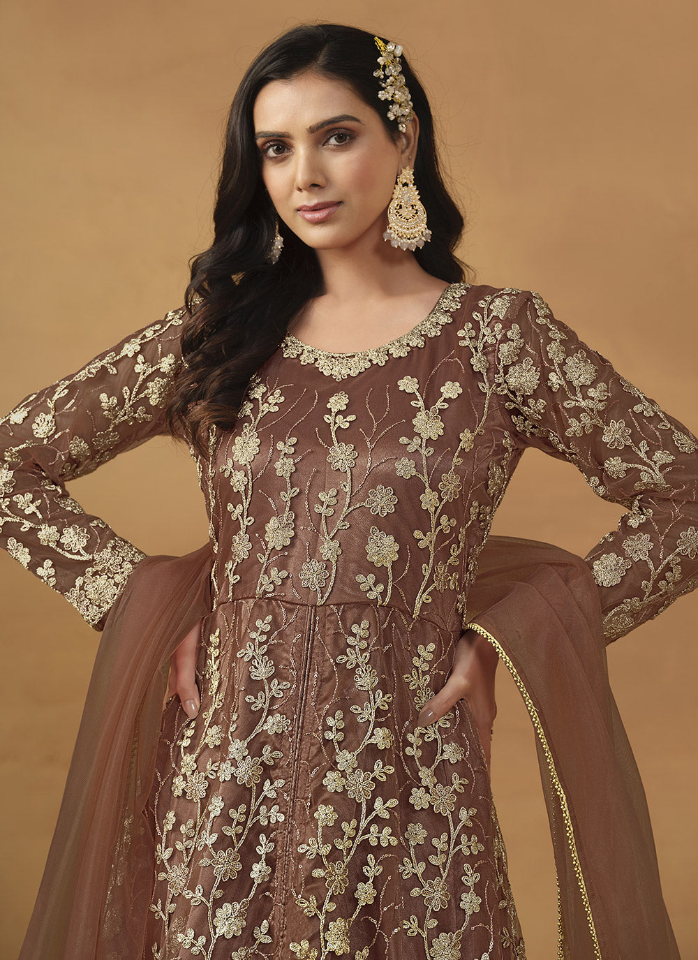 Brown Net Pant Style Suit With Embroidered Work For Women