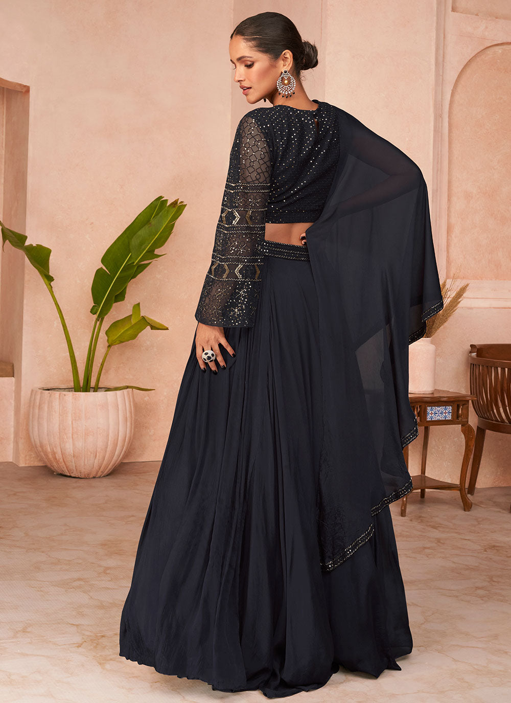 Embroidered Black Net Trendy Gown