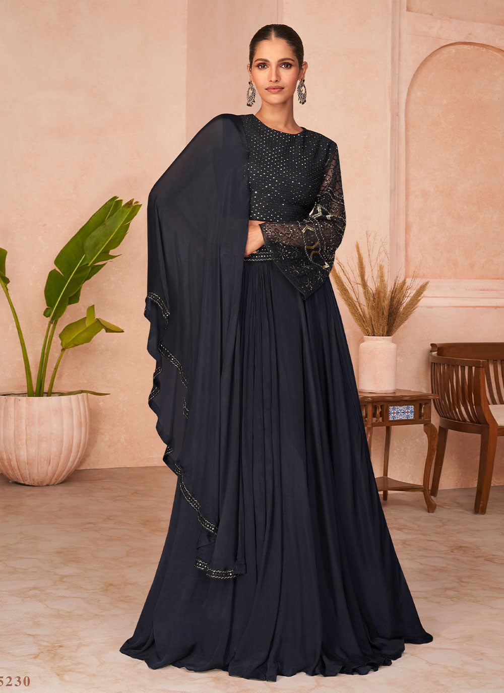 Embroidered Black Net Trendy Gown