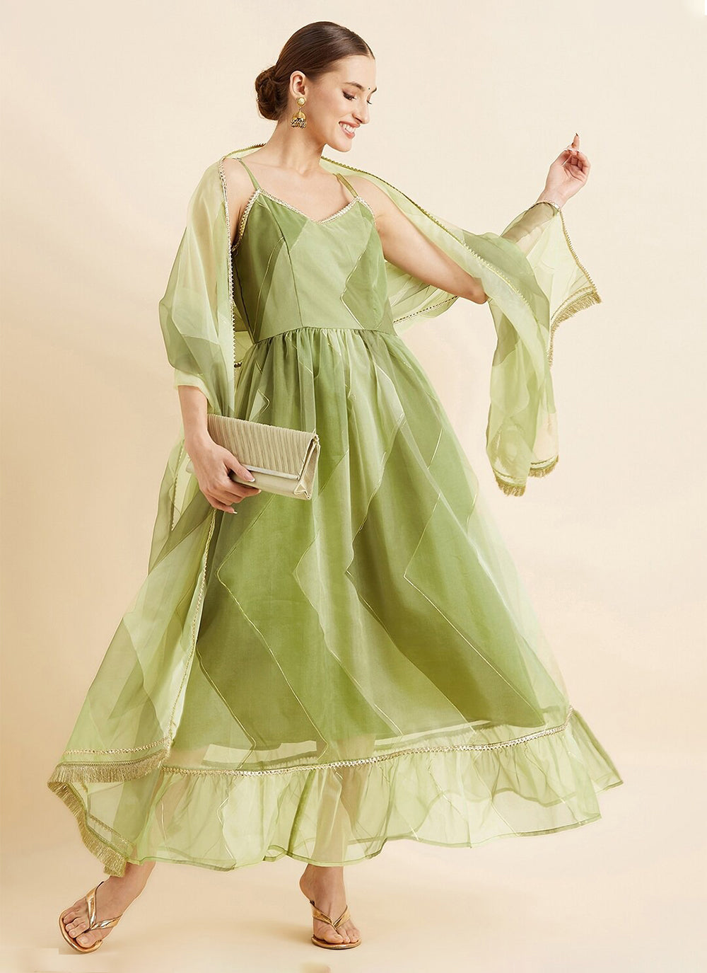 Green Gota Work Organza Readymade Gown