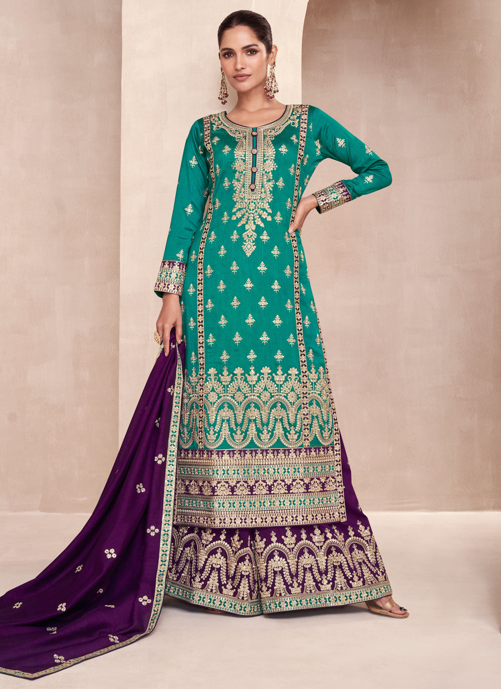 Aqua Blue Silk Salwar Suit With Embroidered And Sequins Work
