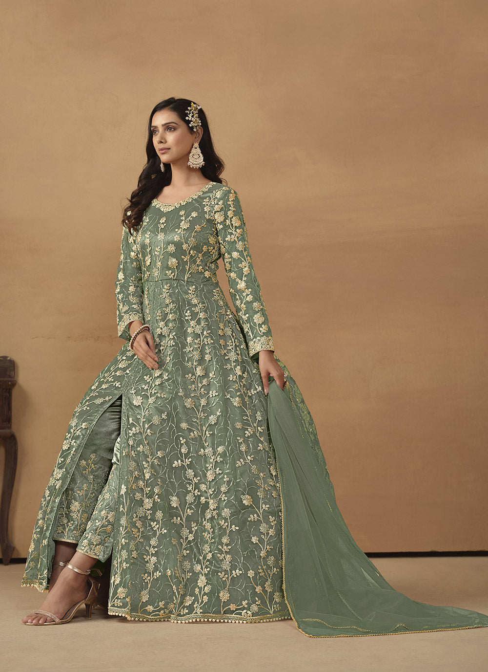 Embroidered Work Net Pant Style Suit In Green